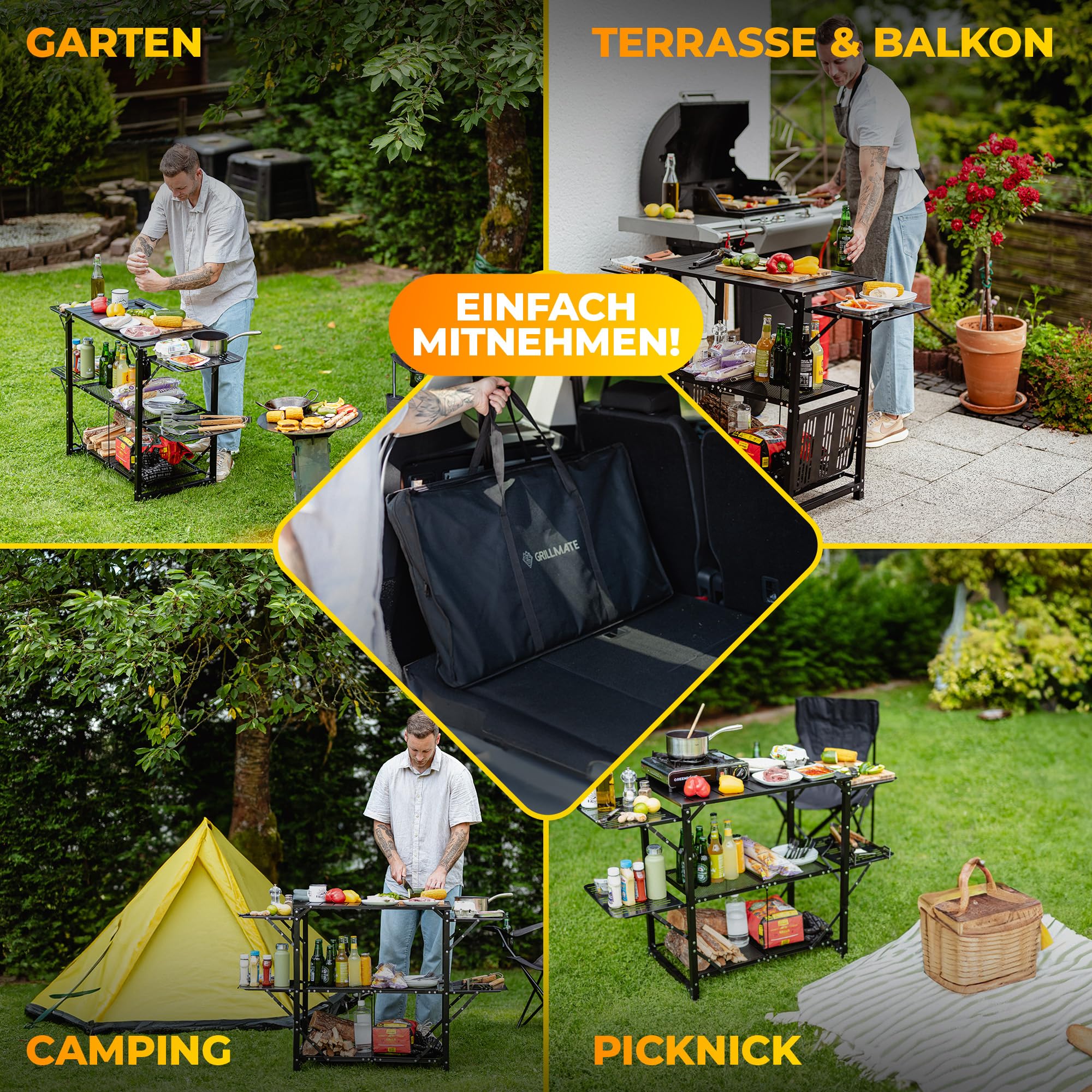 GRILLMATE Grilltisch Outdoor Wetterfest Klappbar | Grill Beistelltisch, Tisch für Grill, Balkon, Camping, Garten | Campingküche faltbar aus Aluminium Rostresistent [50kg Belastbar] inkl. Tragetasche