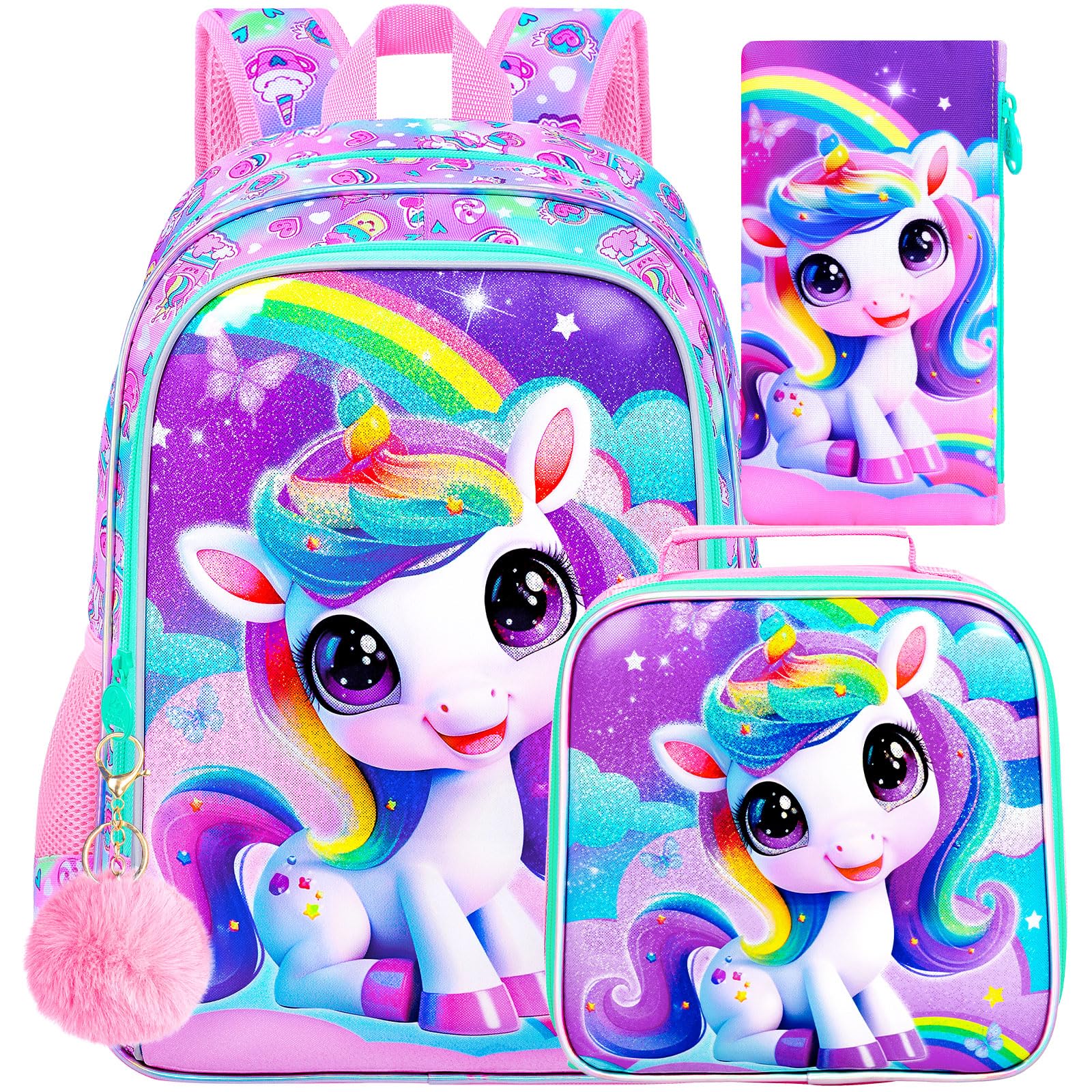 HPJGD 3PCS Unicorn Backpack for Girls, Water Resistant Kids Bookbag Set with Lunch Box, Cute School Bag for Preschool Toddler
