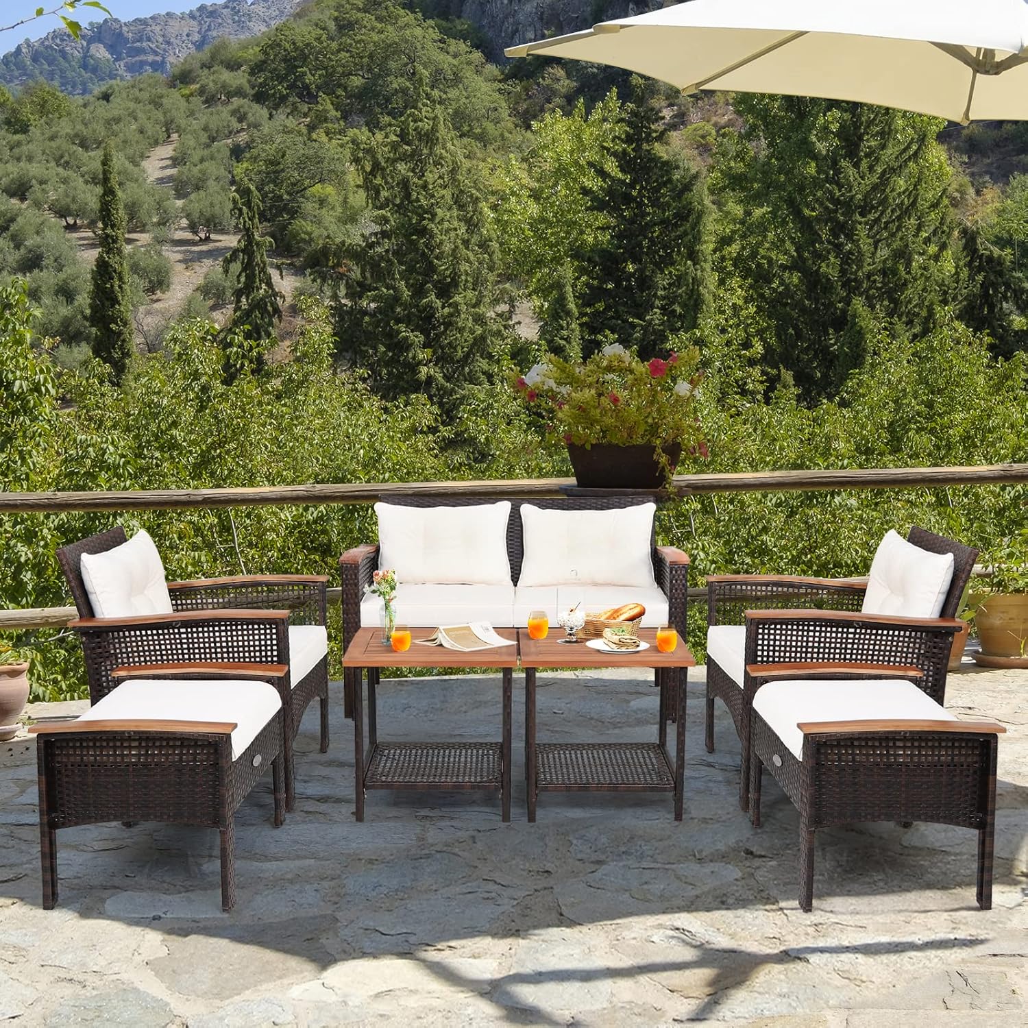 Tangkula 7 Piece Wicker Patio Furniture Set, Patiojoy Acacia Wood Patio Conversation Set with 2 Ottomans and 2 Storage Side Tables with Lower Shelf, Outdoor Cushioned Sectional Sofa Set (Off White)