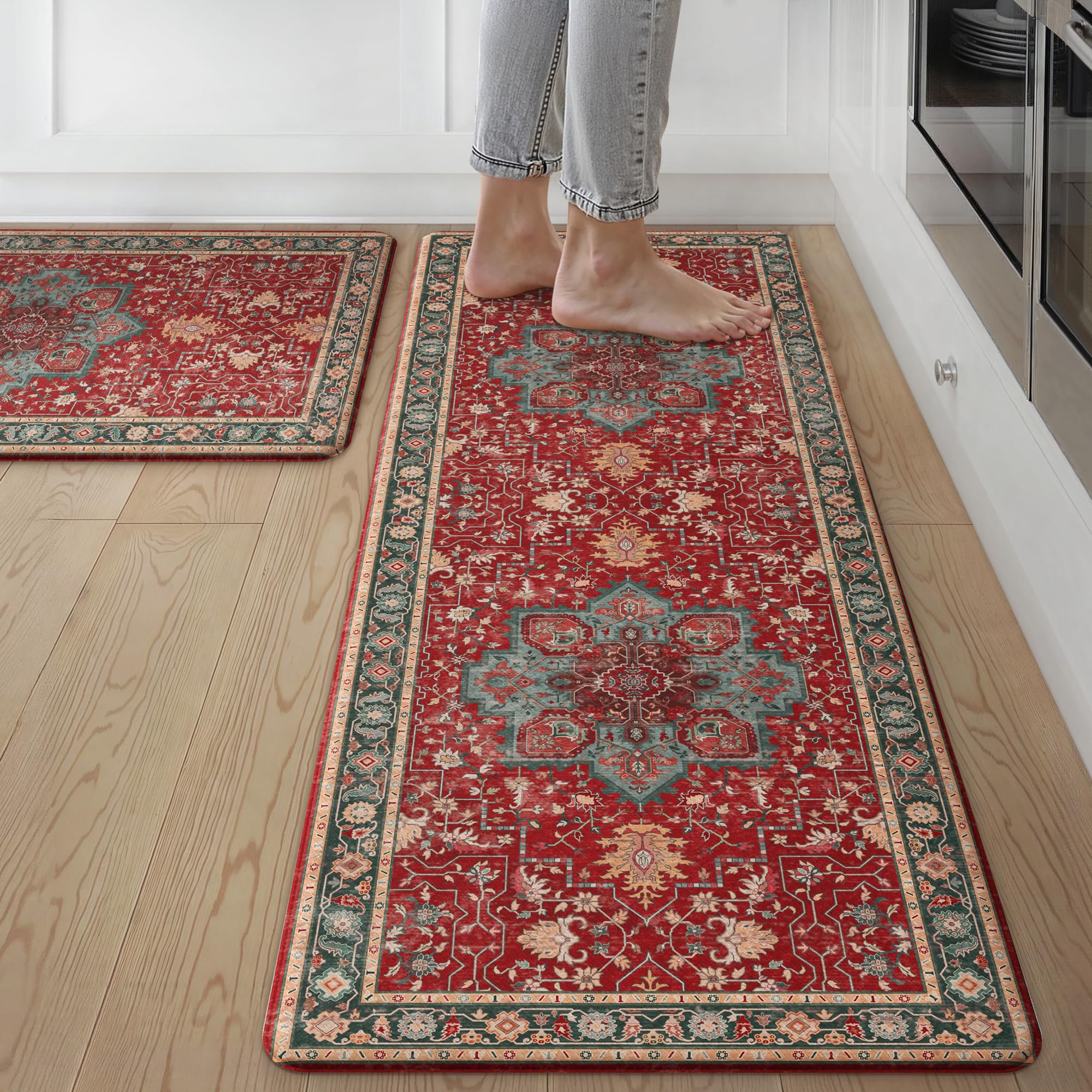 GENIMO Christmas Kitchen Mats for Floor, Anti Fatigue Mats 2PCS,New Red