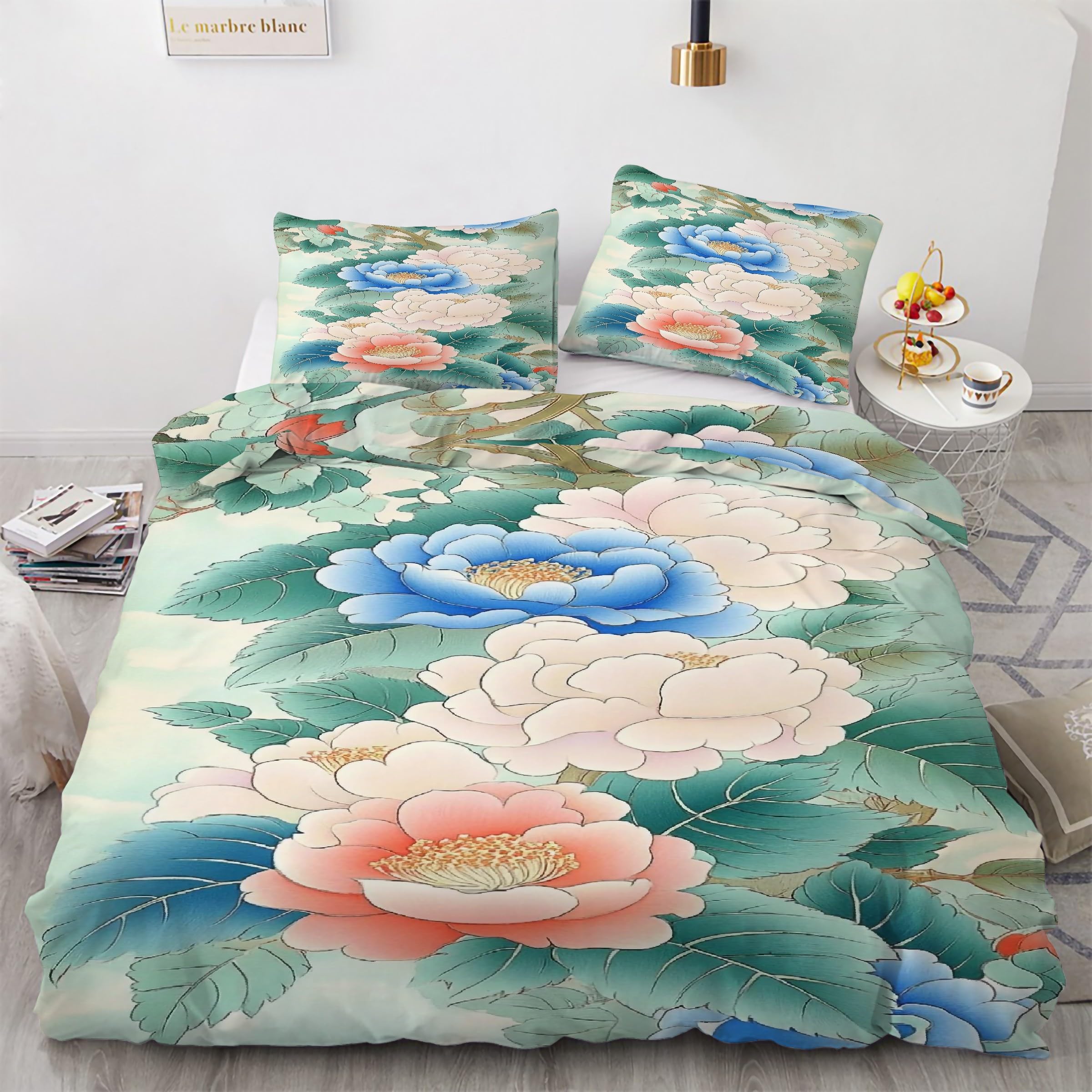 Housse de couette 90x190 pivoine anti-plis avec fermeture éclair pour lit 1 place