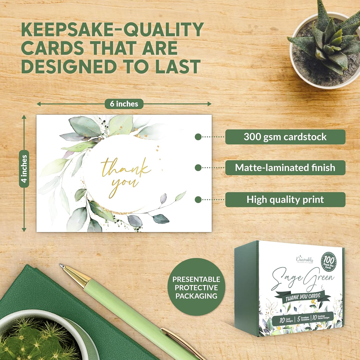 Decorably 100 Pack Gold-Foiled 6x4in Sage Green Thank You Cards with Envelopes, 10 Elegant Designs Folded Eucalyptus Thank You Cards with Envelopes, Blank Inside - Wedding, Bridal Shower, Baby Shower