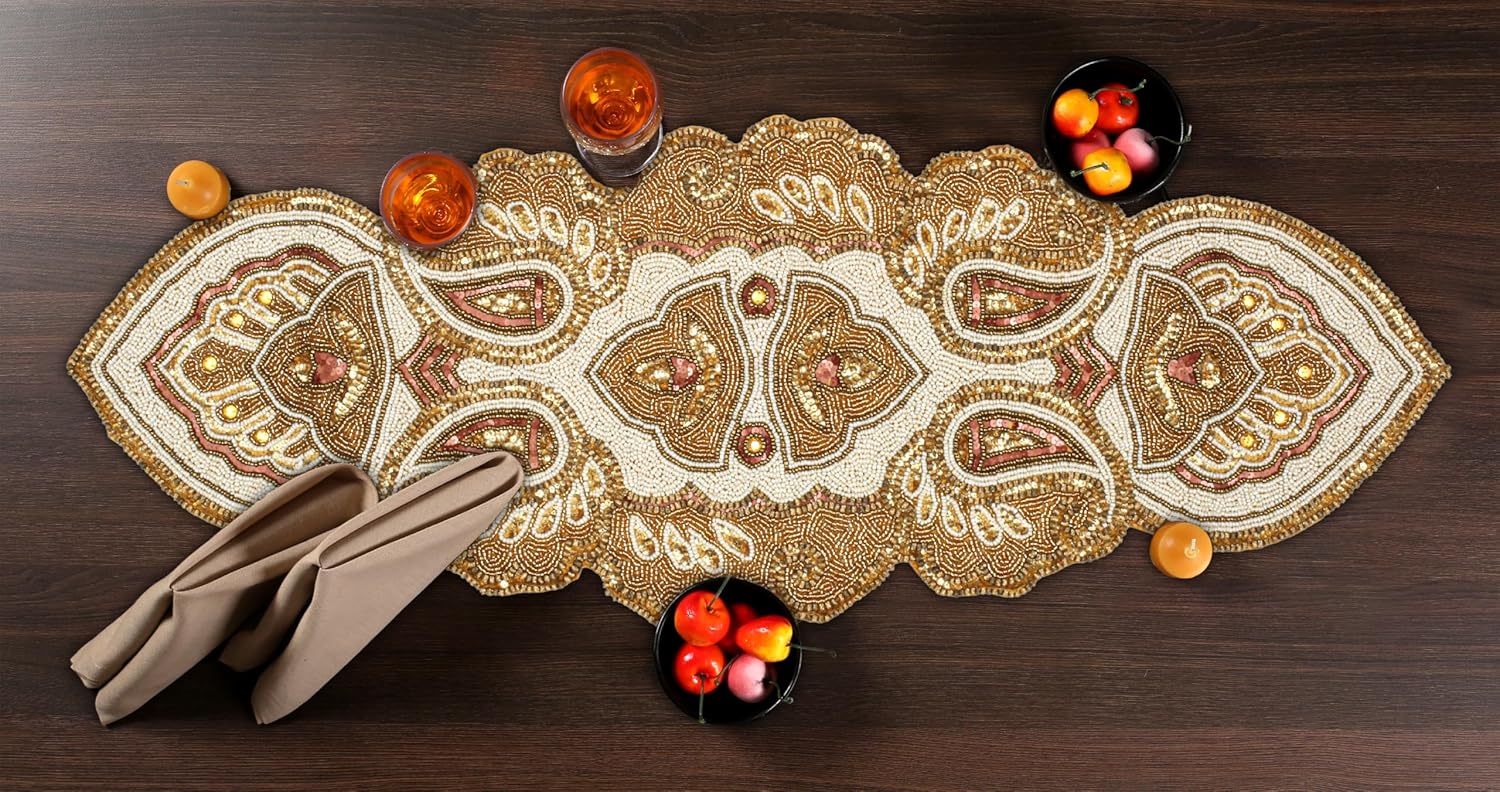 Lightnpro Beaded Christmas Table Runner, Fancy Handmade Decorative Embroidery Gold Runner for Christmas Xmas New Year Family Party Decoration - 13x36 Paisley Design