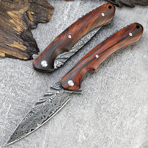 Miniatura 3 de Sitivien ST249 EDC - Cuchillo plegable de damasco, hoja de damasco con bloqueo de forro, rodamiento de bolas para supervivencia al aire libre,