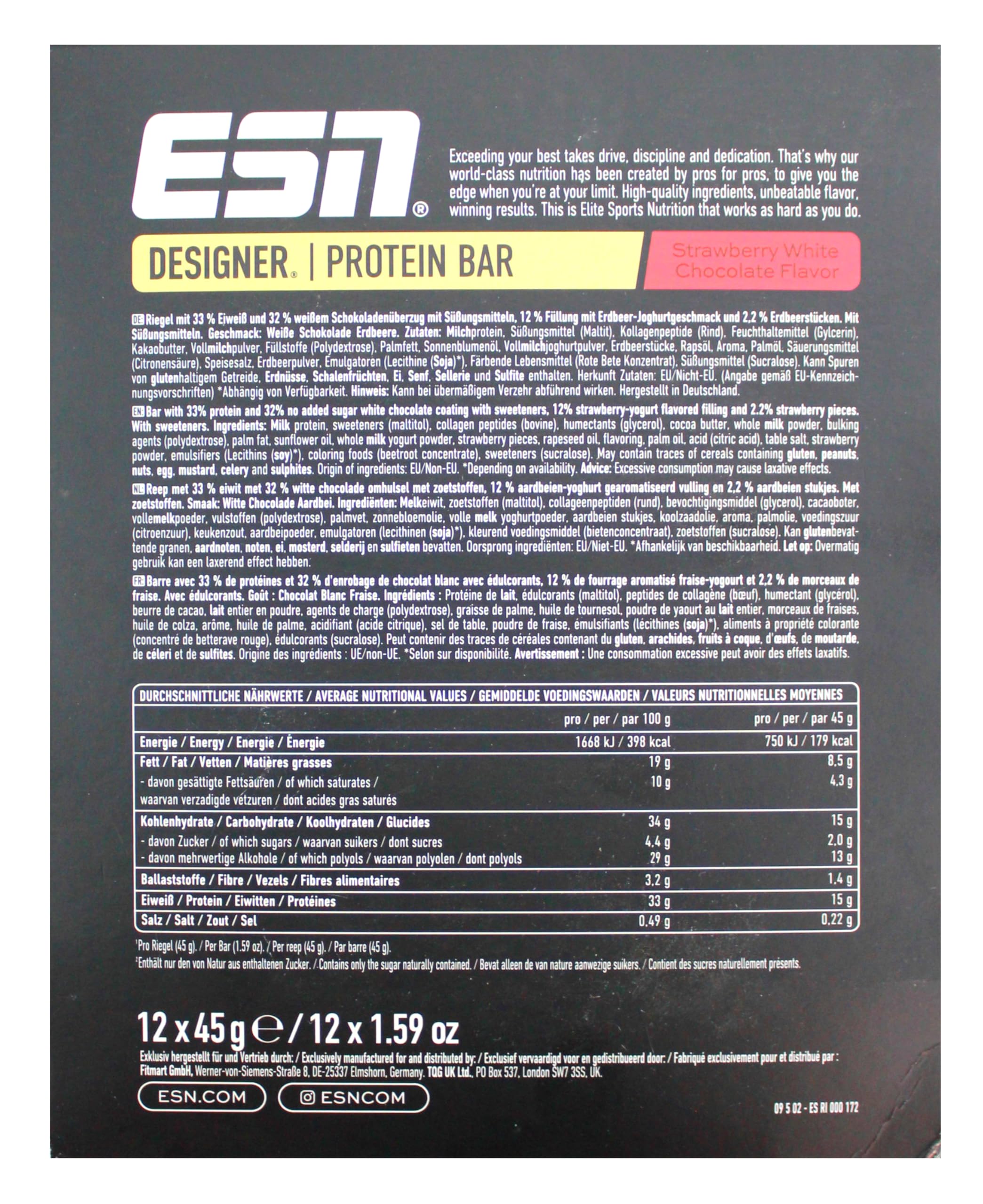 ESN Designer Protein Bar Strawberry white Chocolate Flavor, 12er Pack (12 x 45g)