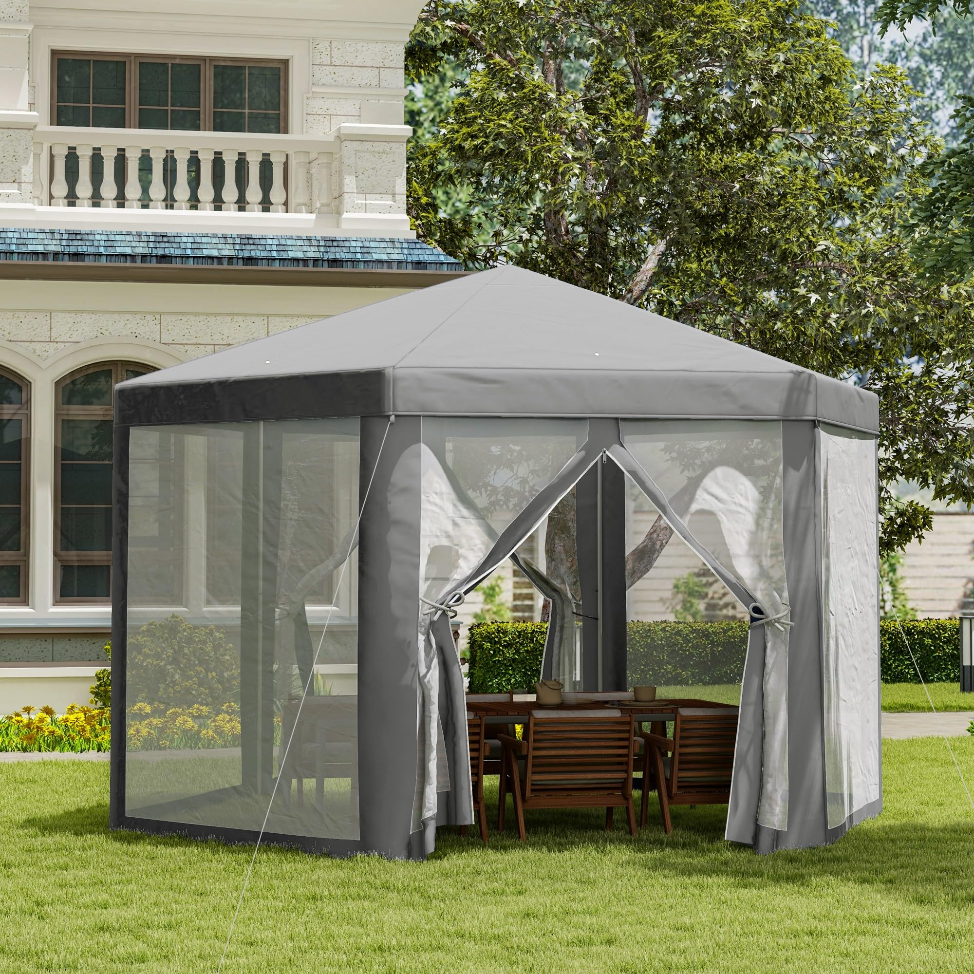 Outsunny Tonnelle Barnum Tente de réception hexagonale Style Cosy métal Polyester Gris