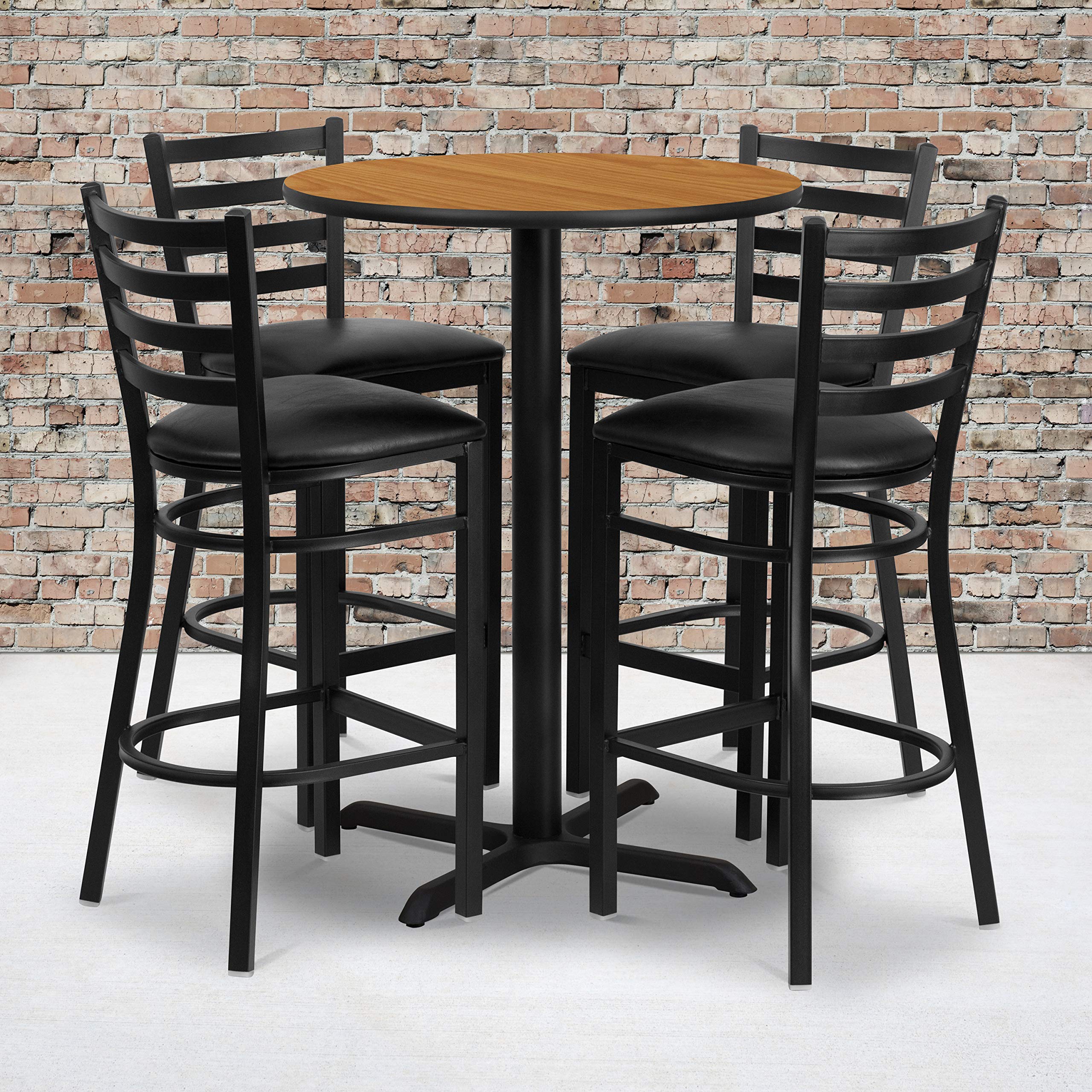 EMMA + OLIVER 30RD Natural Table Set-X-Base & 4 Ladder Back Stools,Black Seat