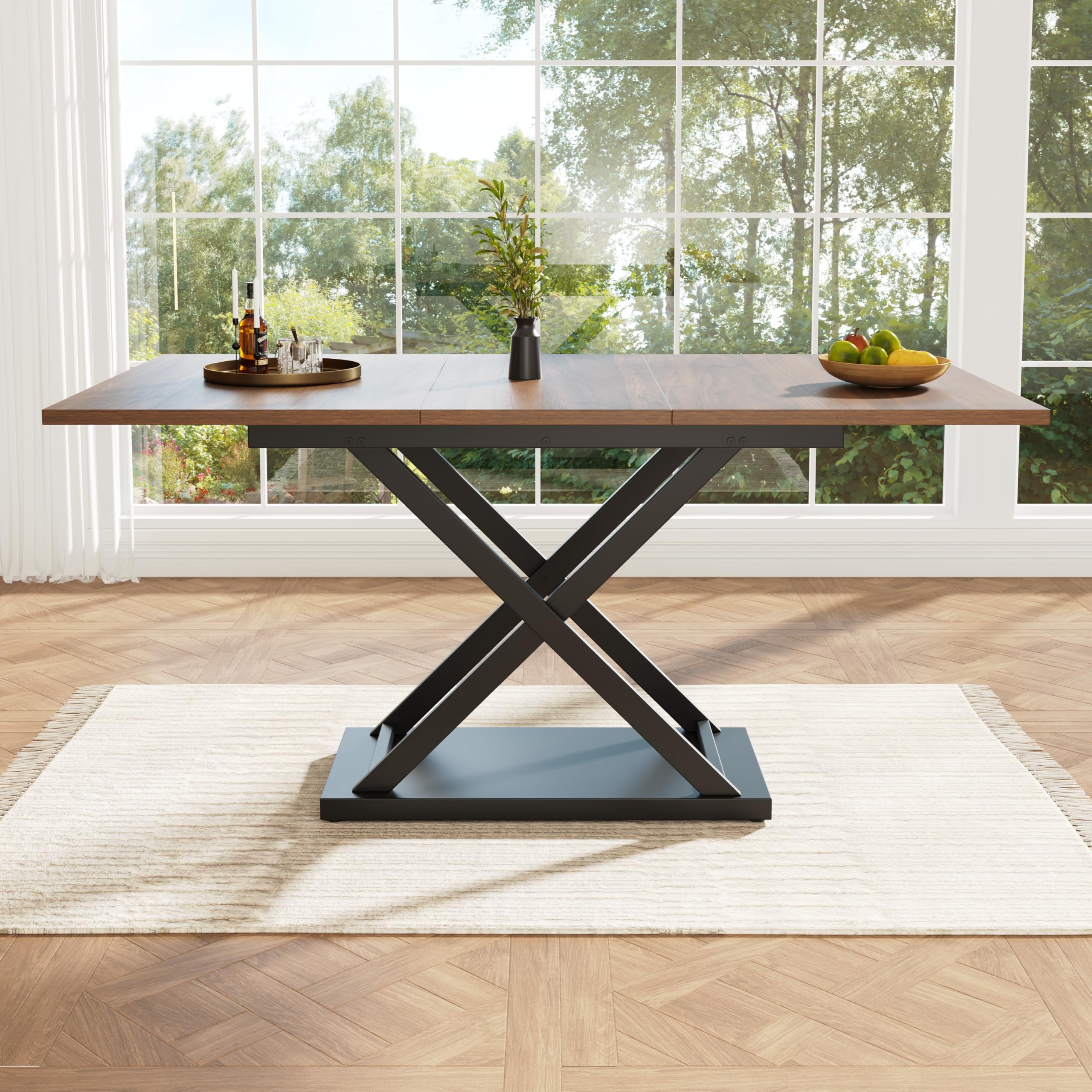 Zepneiy Mesa de comedor extensible (120-160 x 80 x 75 cm), mesa de cocina poco espacio, patas de hierro cruzadas negras, nogal (taburetes no incluidos)