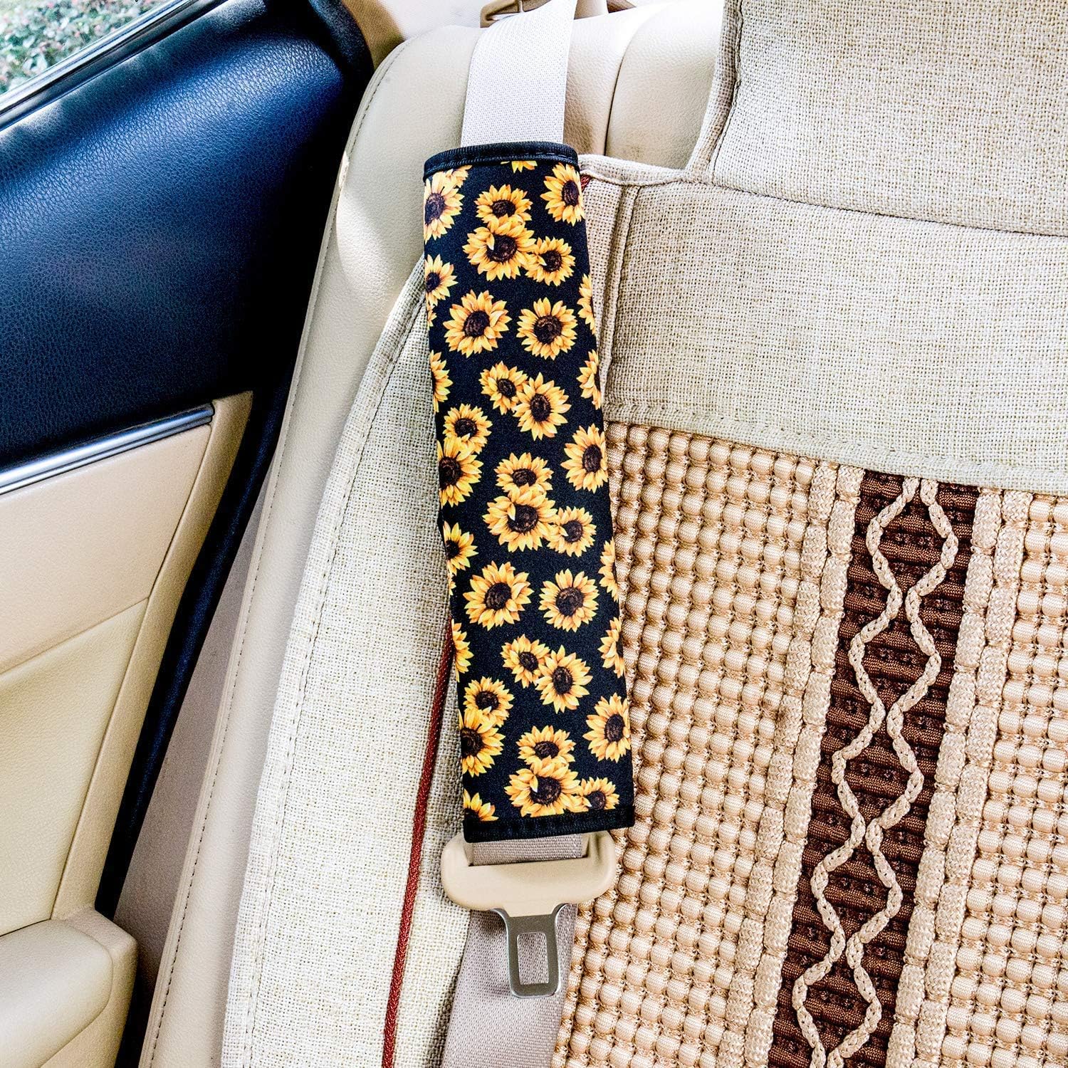 Belidome Black Leopard Print Car Steering Wheel Cover Stretch Seatbelt Pads Durable Armrest Pads for Women Men Soft Non Solip Auto Decor