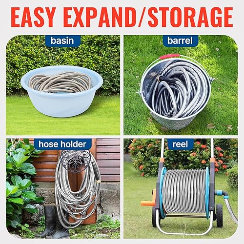 Miniatura 8 de YAMATIC Manguera de jardín de acero inoxidable de 100 pies con boquilla de pulverización de 10 patrones, manguera de agua de metal resistente, sin