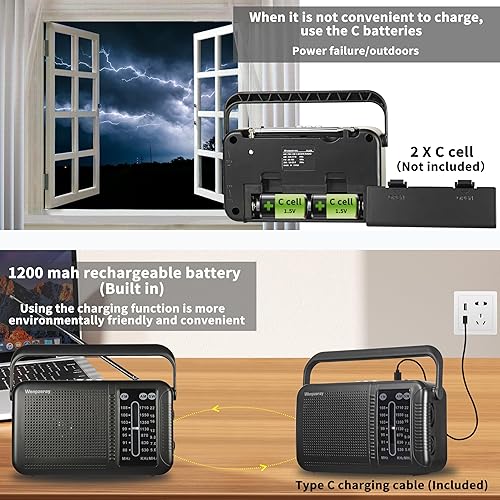Miniatura 5 de Radios portátil AM FM onda corta, altavoz retro Bluetooth excelente recepción, compatible con tarjeta TF/reproducción USB, batería de dial grande o