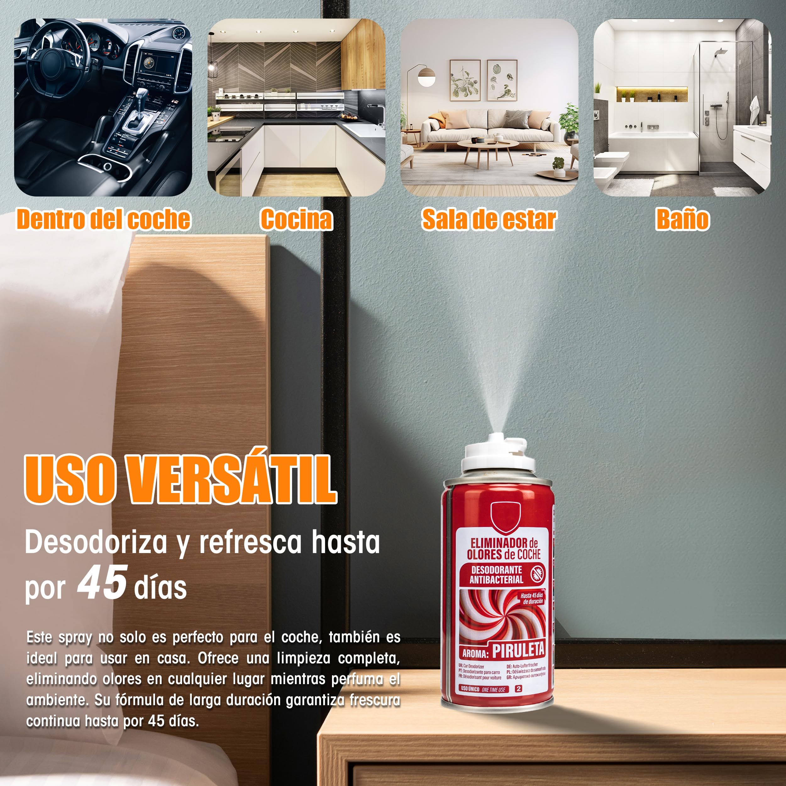BESCH Eliminador de Olores para Coche de Descarga Única 150ml- Ambientadores de Automóvil Absorbe los Malos Olores -Olor de Piruleta