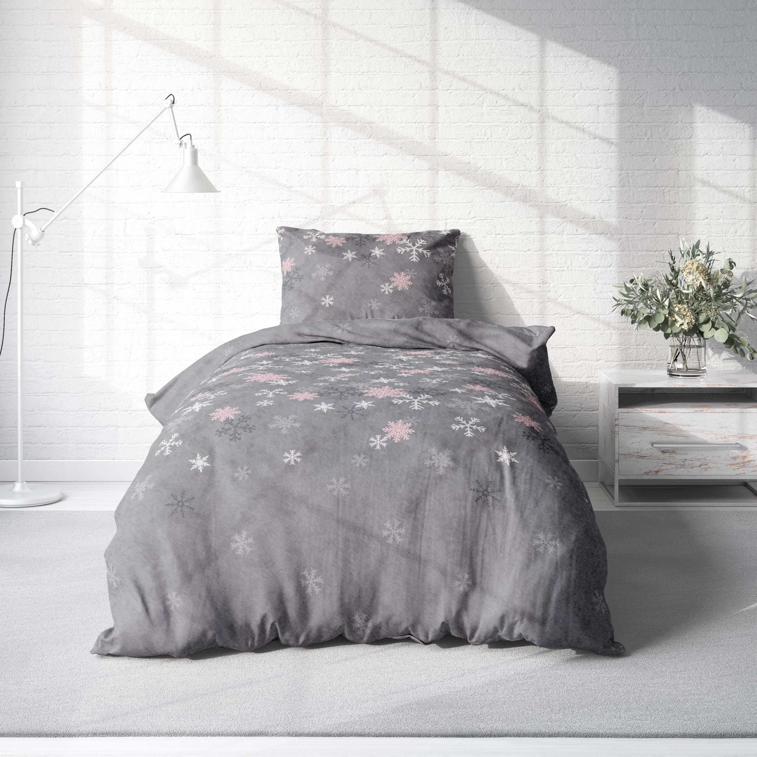 Leonado Vicenti Winter Bettwäsche Thermo Fleece Flausch Kuschelig Warme Garnitur Bettbezüge Set, Größe:4 teilig 135x200 cm, Farbe:Kristall grau