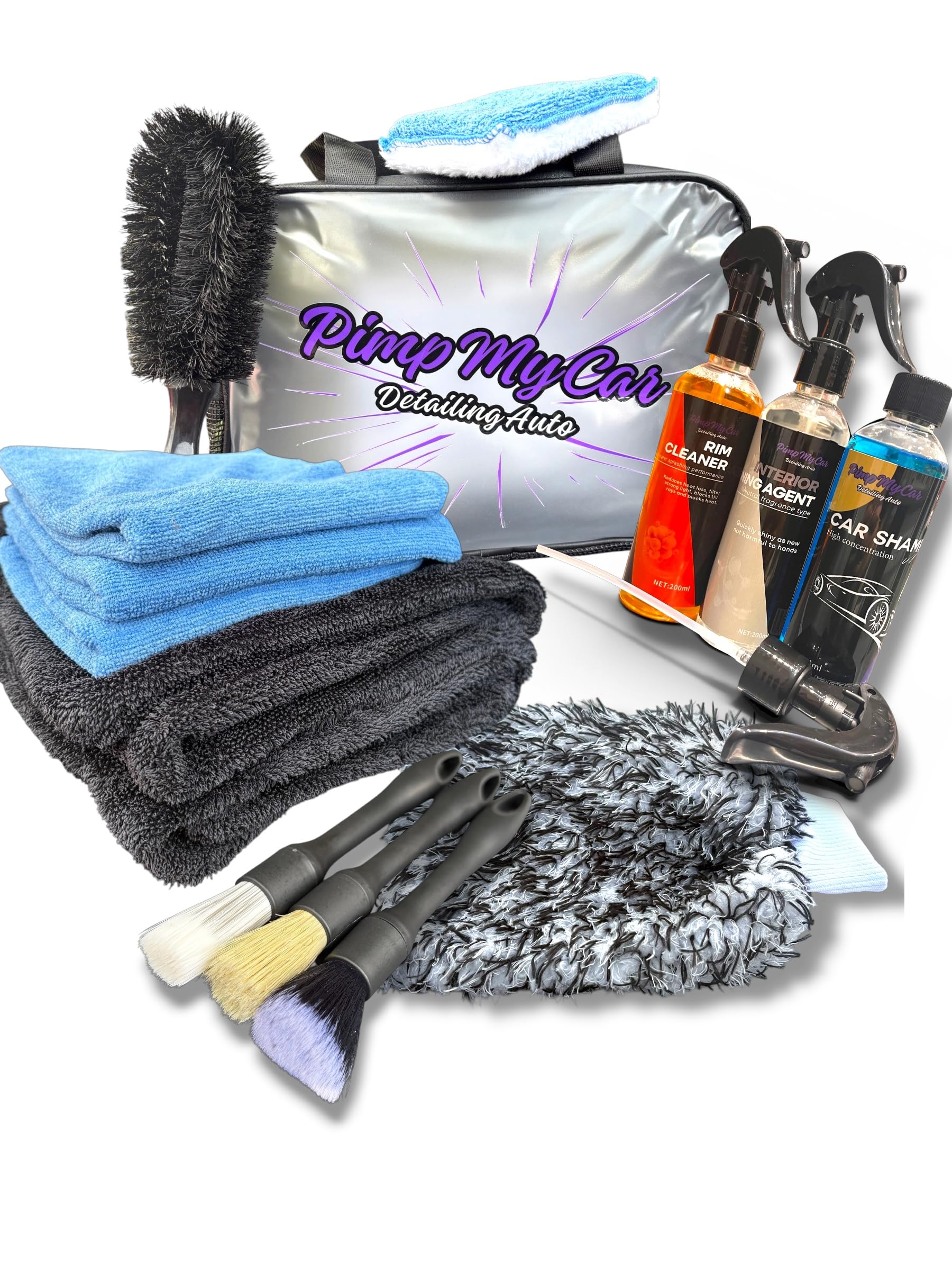 Kit Nettoyage Voiture complet - Sac Detailing auto intérieur extérieur - Microfibre, Microfibre Séchage, Shampoing, Nettoyant Jantes, APC, Pinceaux, Brosse Jantes, Gant Lavage, Scrub Pad