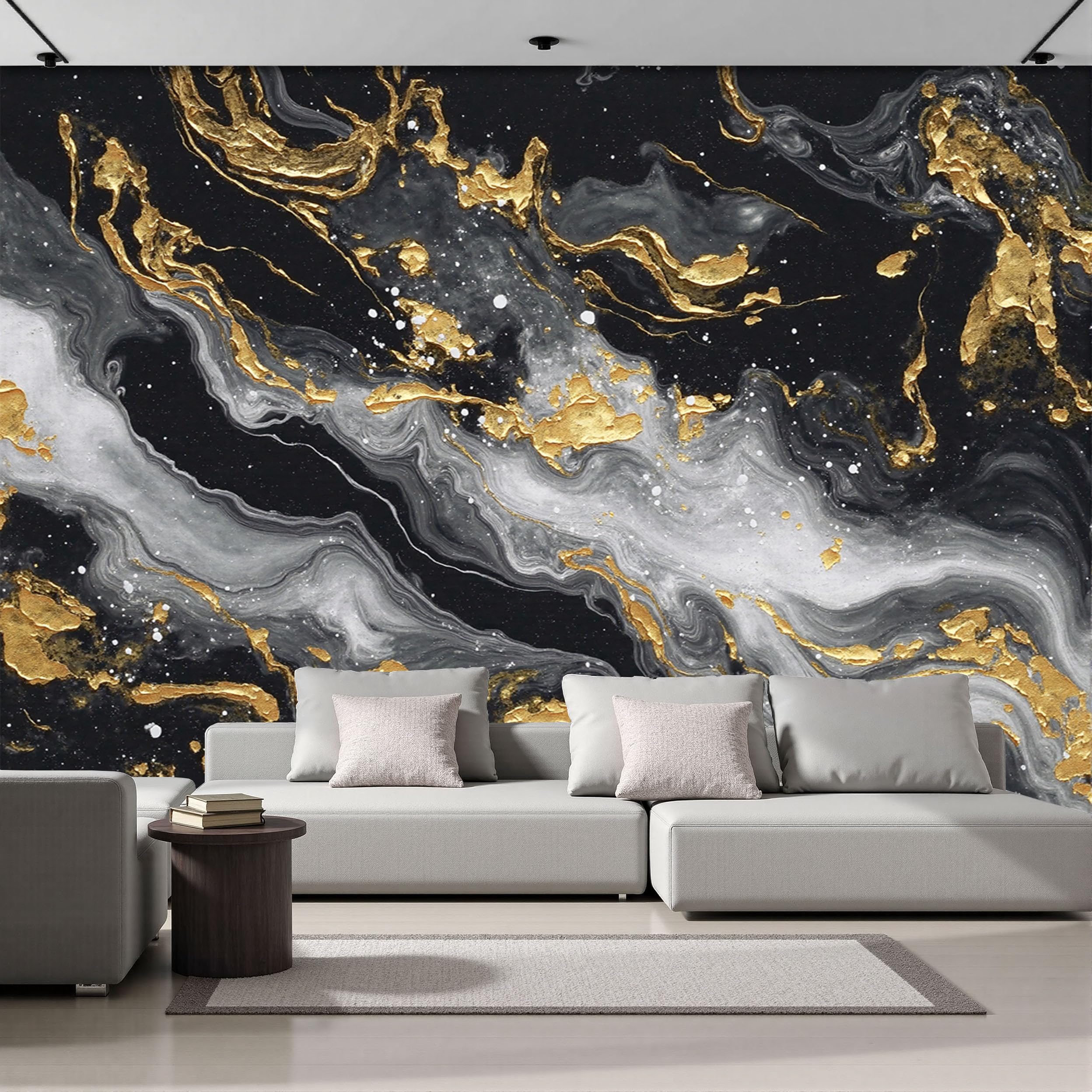 Fototapete Abstraktes Marmorgraffiti Tapete Luxus-Crack-Welle Tapeten Vliestapete Schwarzes Gold Modern Wandtapete Wohnzimmer Schlafzimmer Kinderzimmer Wanddeko Motivtapeten 250X175Cm (Bxh)