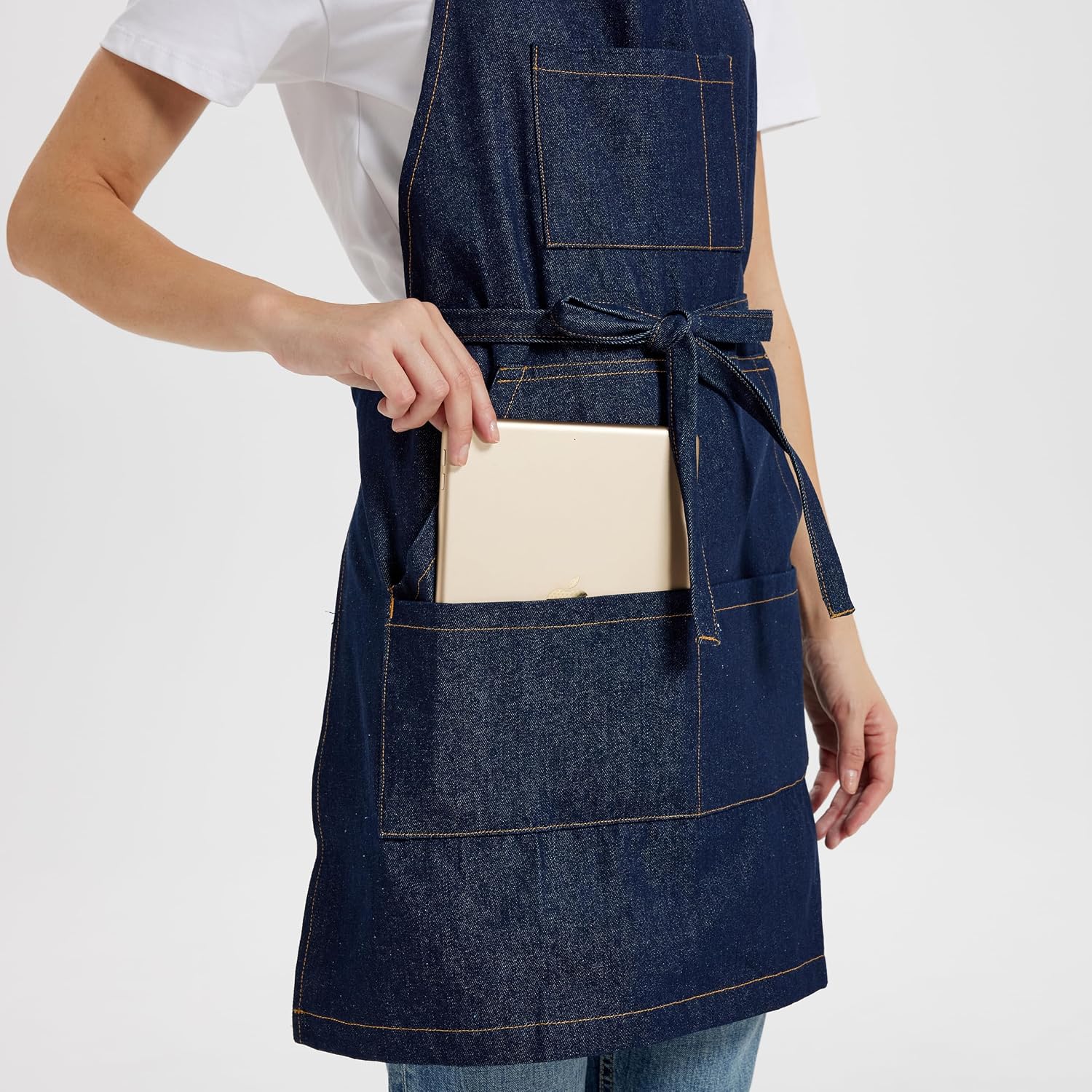 Chef Apron for Men Women with Large Pockets, Adjustable Denim Apron for Cooking, Baking, Gardening