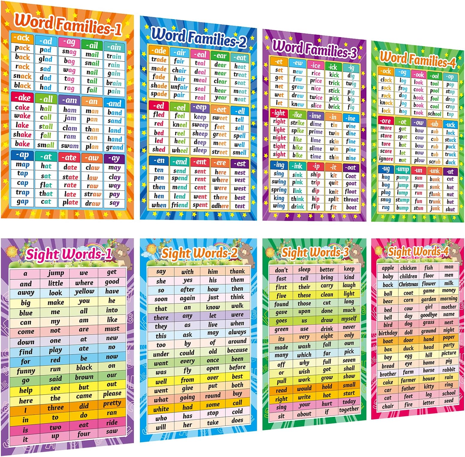 OUNENO Pack of 8 11"x17" Sight Words and Word Families Posters Classroom Decorations Learning Decor for Kindergarten Preschool Homeschooling, Back to School Supplies