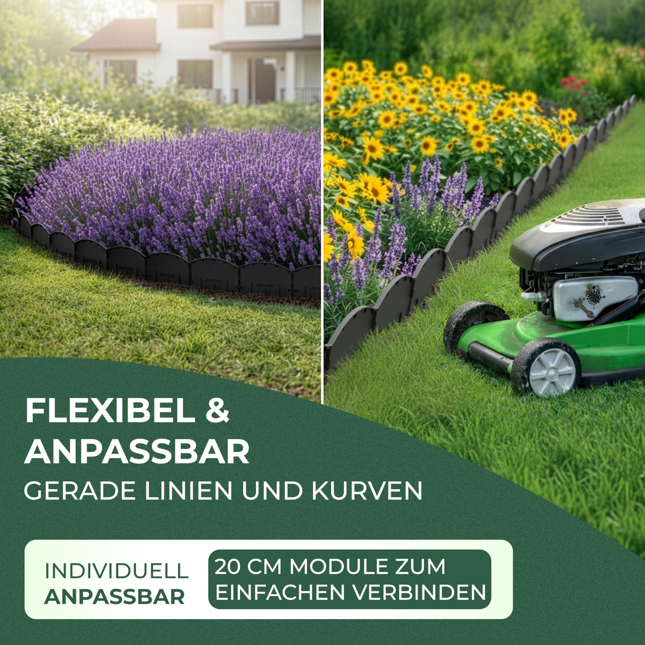 Xcelenze - 20 Meter Flexible Rasenkante Kunststoff Mähkante Beetbegrenzung | zum einschlagen | UV & witterungsbeständig | Beeteinfassung Kunststoff Rasenkantenband – einfaches Verlegen