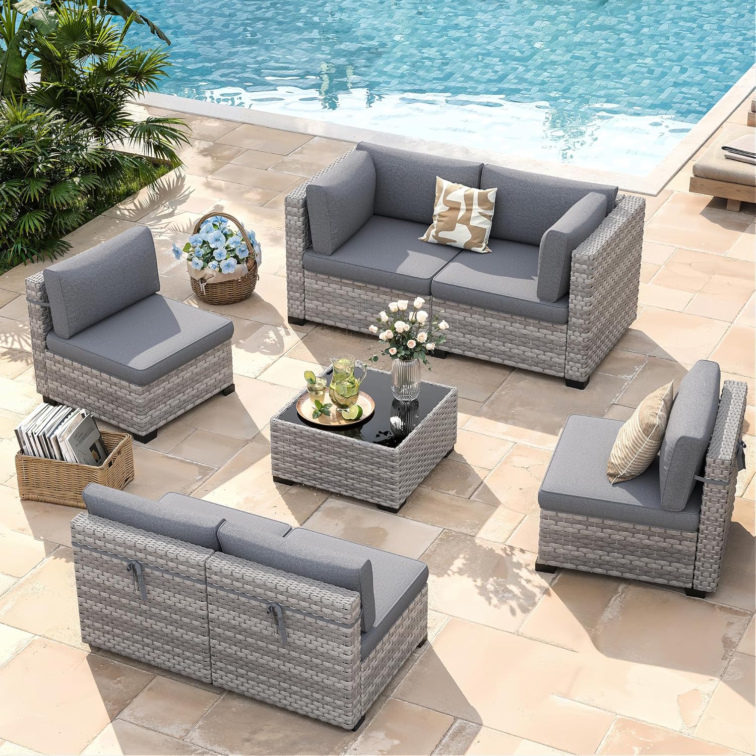 6-Seat Modular Patio Furniture Set – Outdoor Wicker Sectional Sofa with Thick 4″ Cushions, Dual-Strand PE Rattan, Rust-Resistant 18 mm Steel Frame, Backyard Garden Deck Lounge,Gray