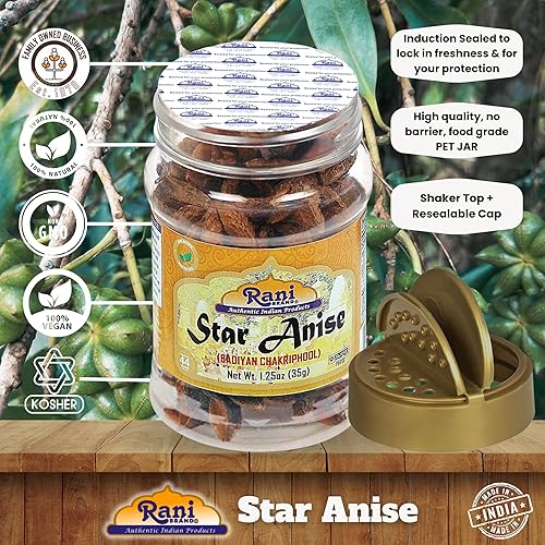 Miniatura 5 de Rani - Semillas de anís estrella cápsulas enteras Badian Khatai Especias de 125 onzas 123oz Tarro PET  Todo natural  Apto para gluten  Sin OMG
