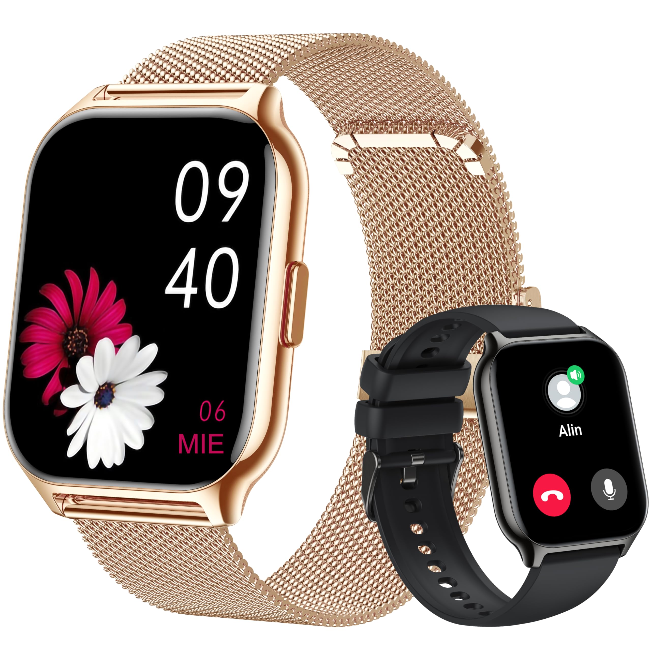 Popglory Reloj Inteligente Llamadas, 2,01" Grande Pantalla, Asistente Voz, 100+ Deportes Smartwatch Mujer Hombre con Presión Arterial Ritmo Cardíaco Pulsometro, Alerta Whatsapp