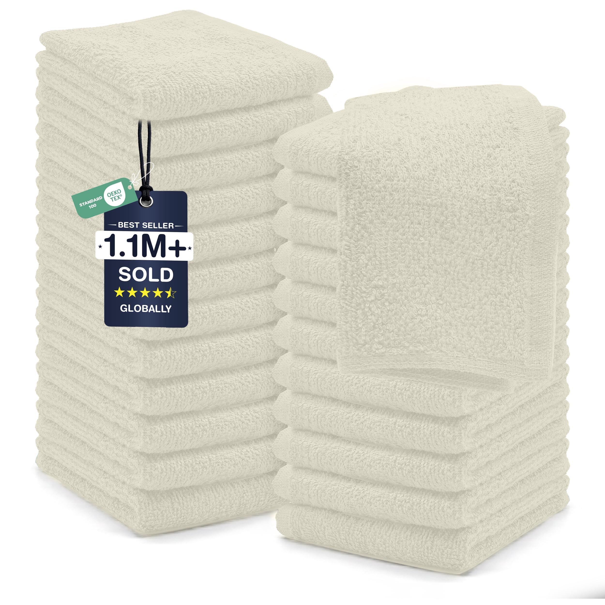 DAN RIVER 24 Pack Cotton Wash Cloths Set for Showering [12x12] Ivory