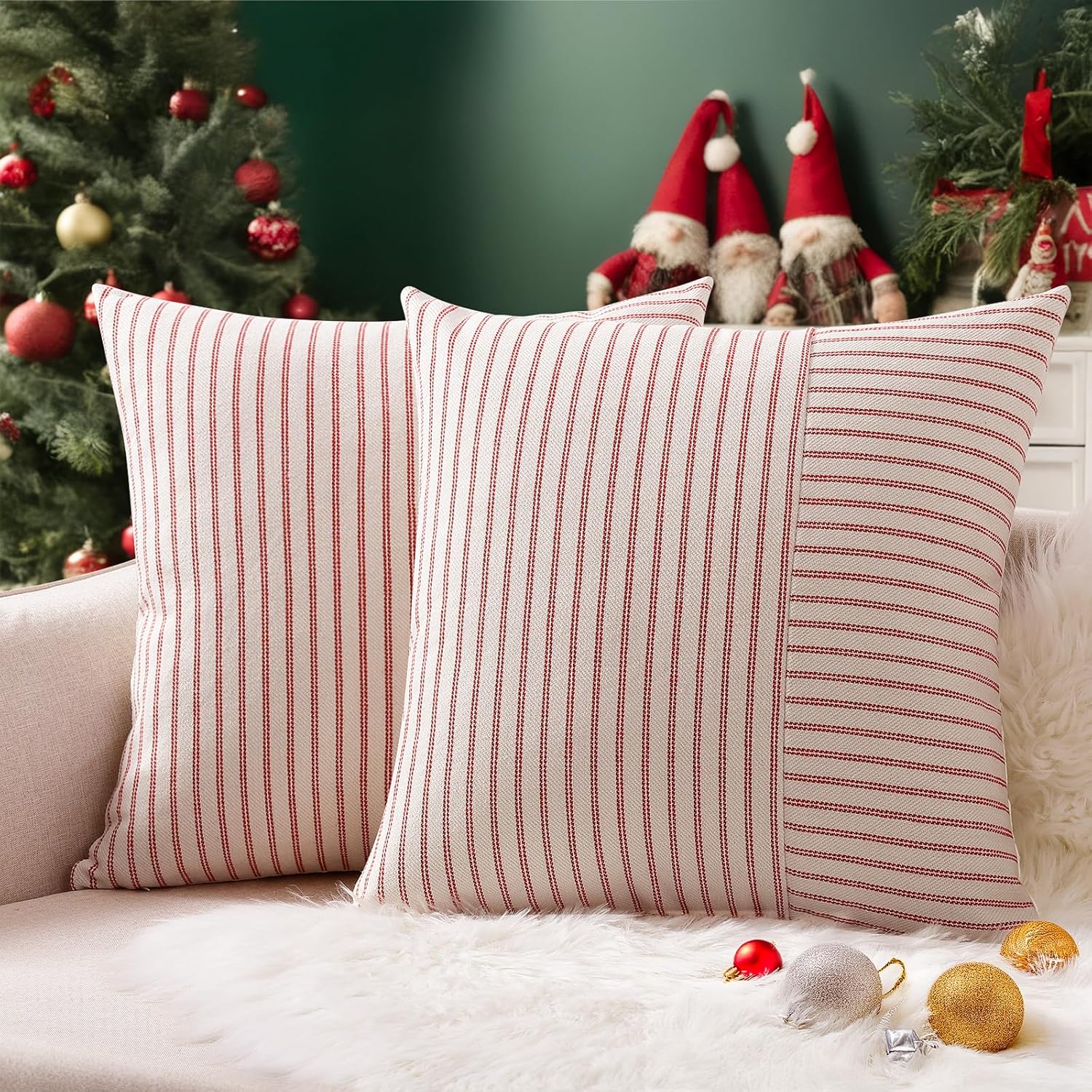 YCOLL Christmas Pillow Covers 18x18, Boho Throw Pillow Covers Set of 2, Red and Cream Striped Linen Decorative Pillows Cushion Covers for Couch Bedroom Christmas Decorations Christmas Red 18" x 18" (Pack of 2)