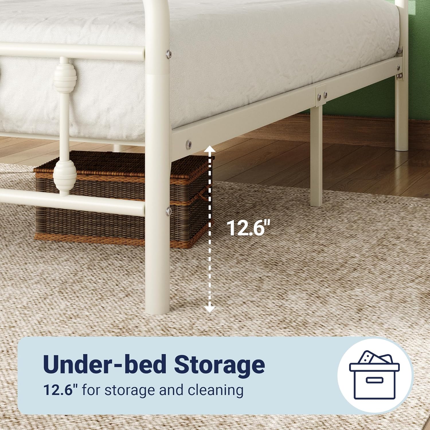 Allewie 14 Inches Twin Size Metal Platform Bed Frame with Victorian Style Iron-Art Headboard/Footboard, Mattress Foundation, Easy Assembly, Under Bed Storage, No Box Spring Required, Off White - Image 6