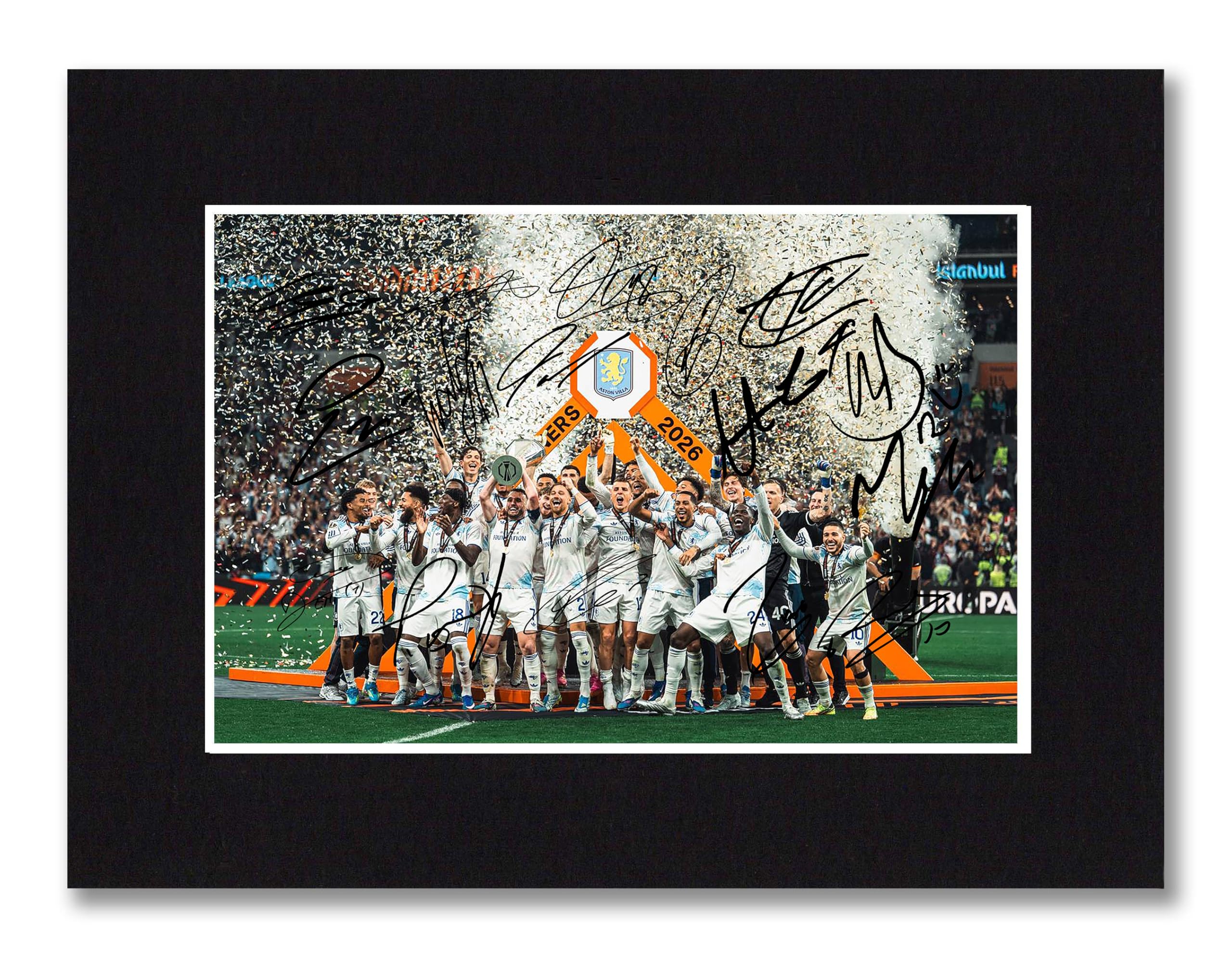 RJR PRINTS Aston Villa 2026 Europa League Winners Multi Signed 8x6 Inch Mounted Photo Print With Pre Printed Signature That Would Make A Great Gift For Any Fan And Is Ready To Be Framed.
