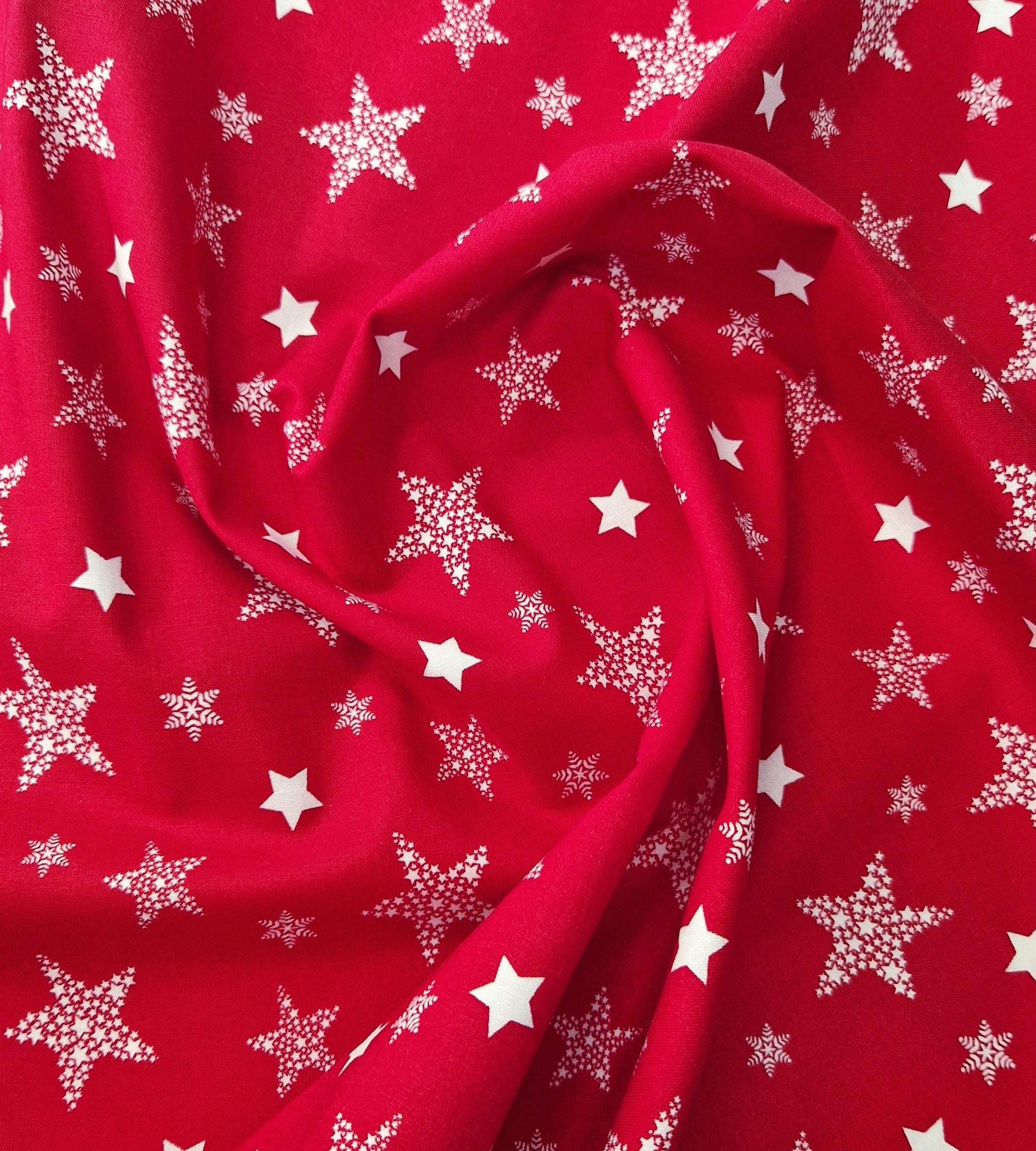 Oddies Red Christmas Fabric - Cream Stars On - Xmas Craft Fabric Material Metre