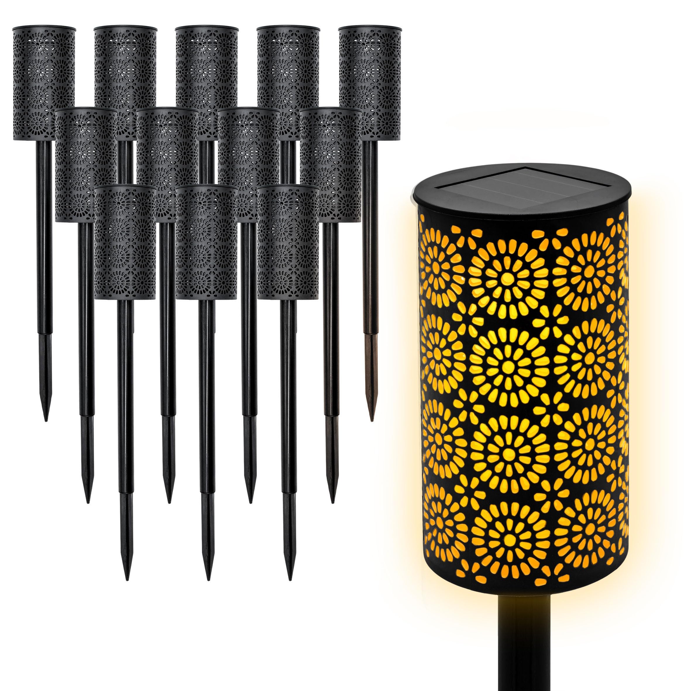 LED Solar Gartenfackel mit Blumen Muster 49 x 7 cm - 12er Set - Wegeleuchte mit realistischem Flammeneffekt - Solarleuchte Gartenlicht Außenleuchte Deko Beleuchtung solarbetrieben für Außen Terrasse