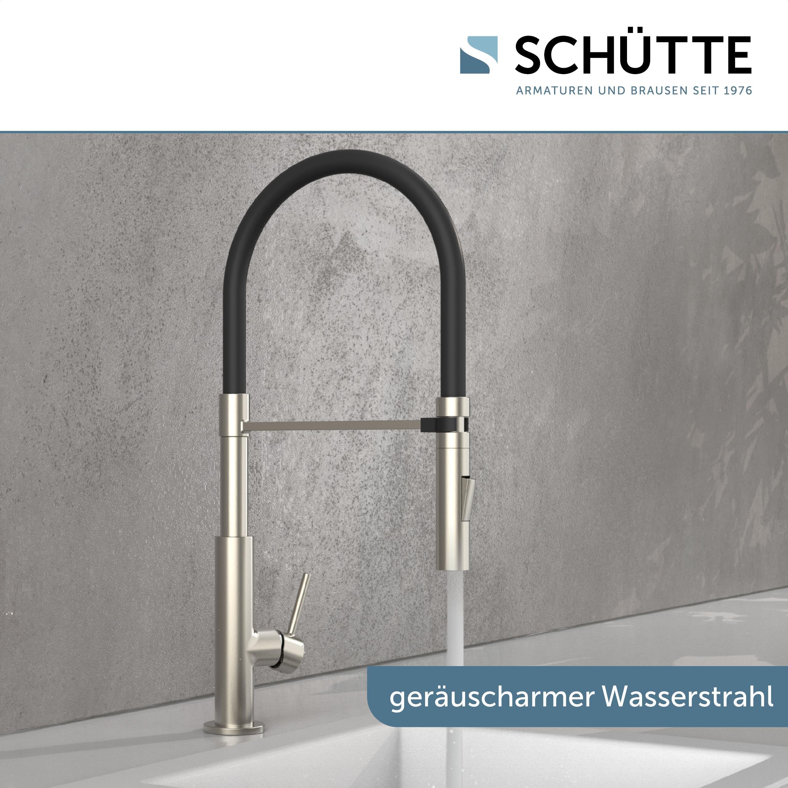 Schütte 23138 Design Spültischarmatur mit auswechselbaren Soft Touch Schlauch, 360 Grad schwenkbarer Wasserhahn für die Küche, Küchenarmatur Einhebelmischer, Mischbatterie in Edelstahl/Schwarz