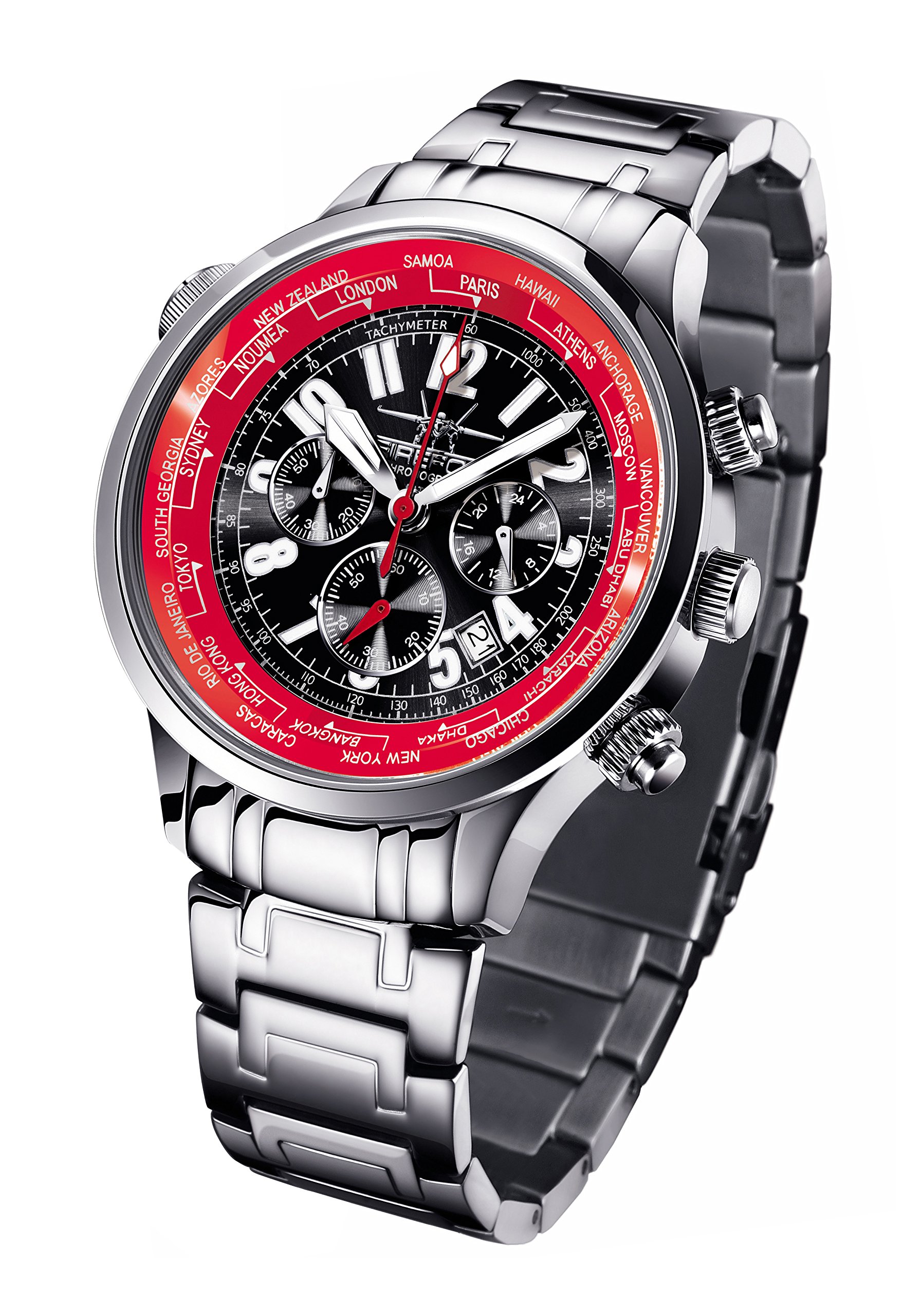 FIREFOX WORLDTIMER FFS40-105 schwarz/rot Weltzeitanzeige Chronograph Herrenuhr Armbanduhr Sicherheitsfaltschließe massiv Edelstahl wasserdicht Miyota OS20 Werk