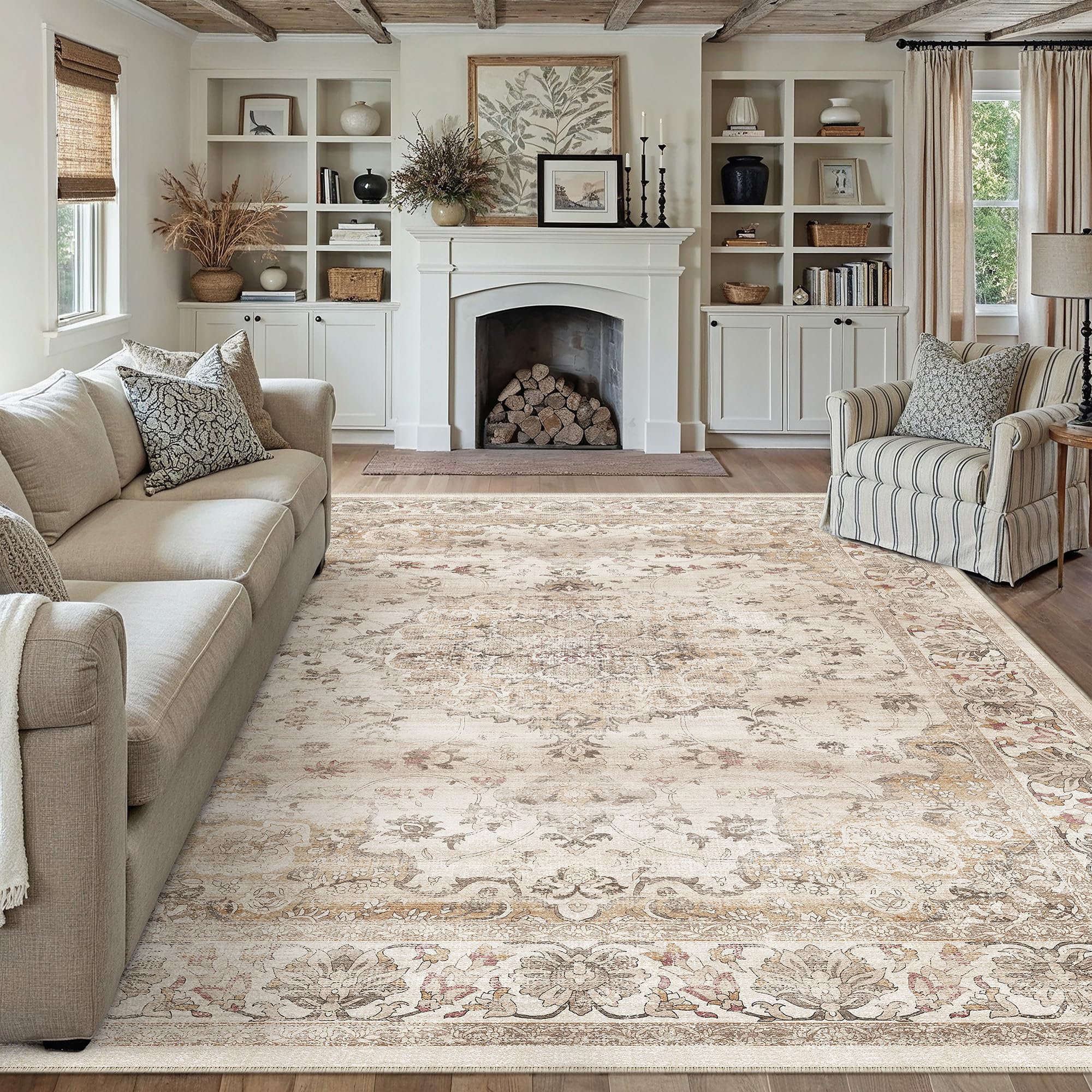 PureCozy Beige Living Room Area Rug, 300x400cm Machine Washable Non Slip Vintage Traditional Extra Large Cream Rugs for Bedroom Dining Room Office, Stain Resistant Printed Carpet for Indoor Home Decor — image 1