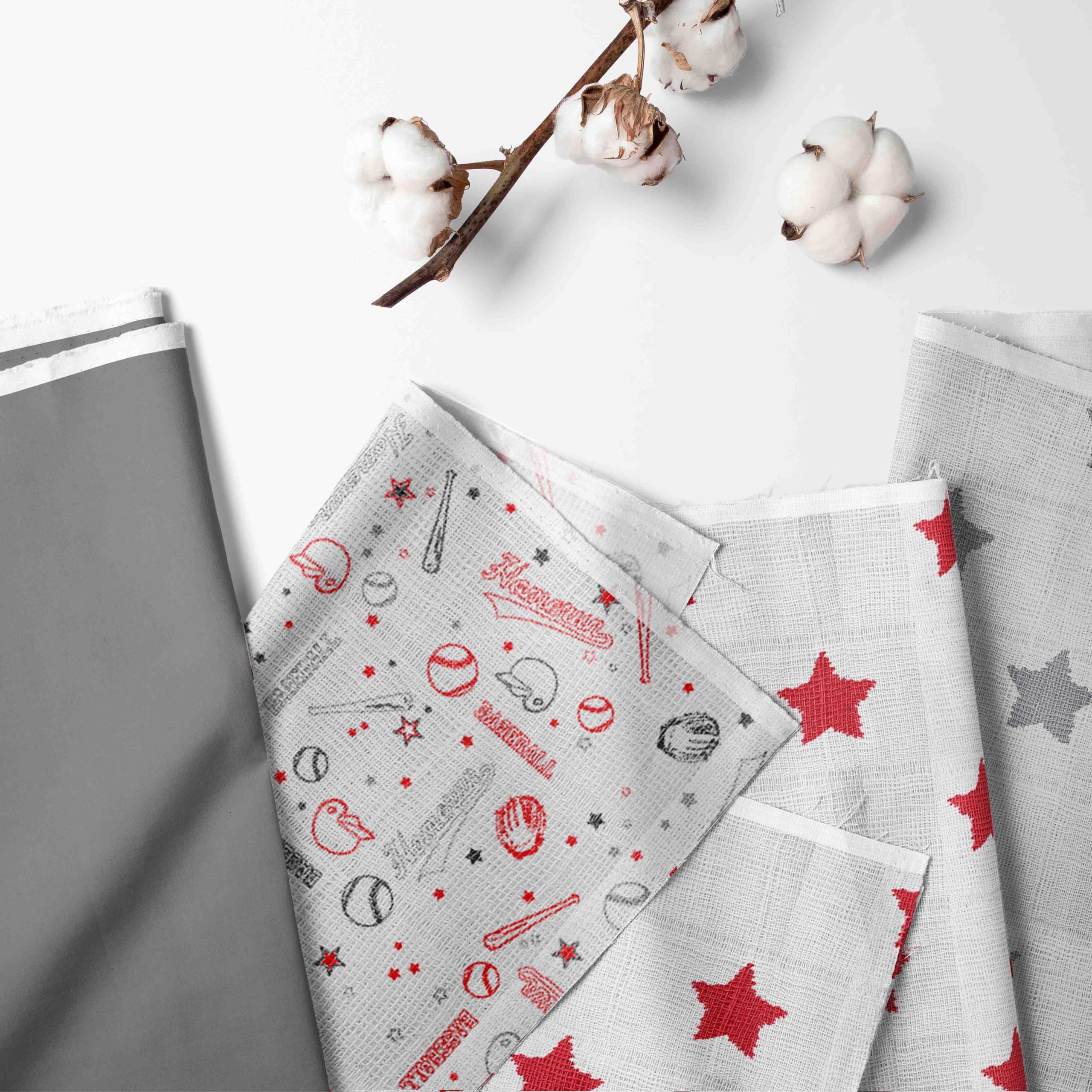 Bacati - Boys Baseball Muslin Red Gray 10 Piece Crib Bedding Set with 4 Swaddling Blankets