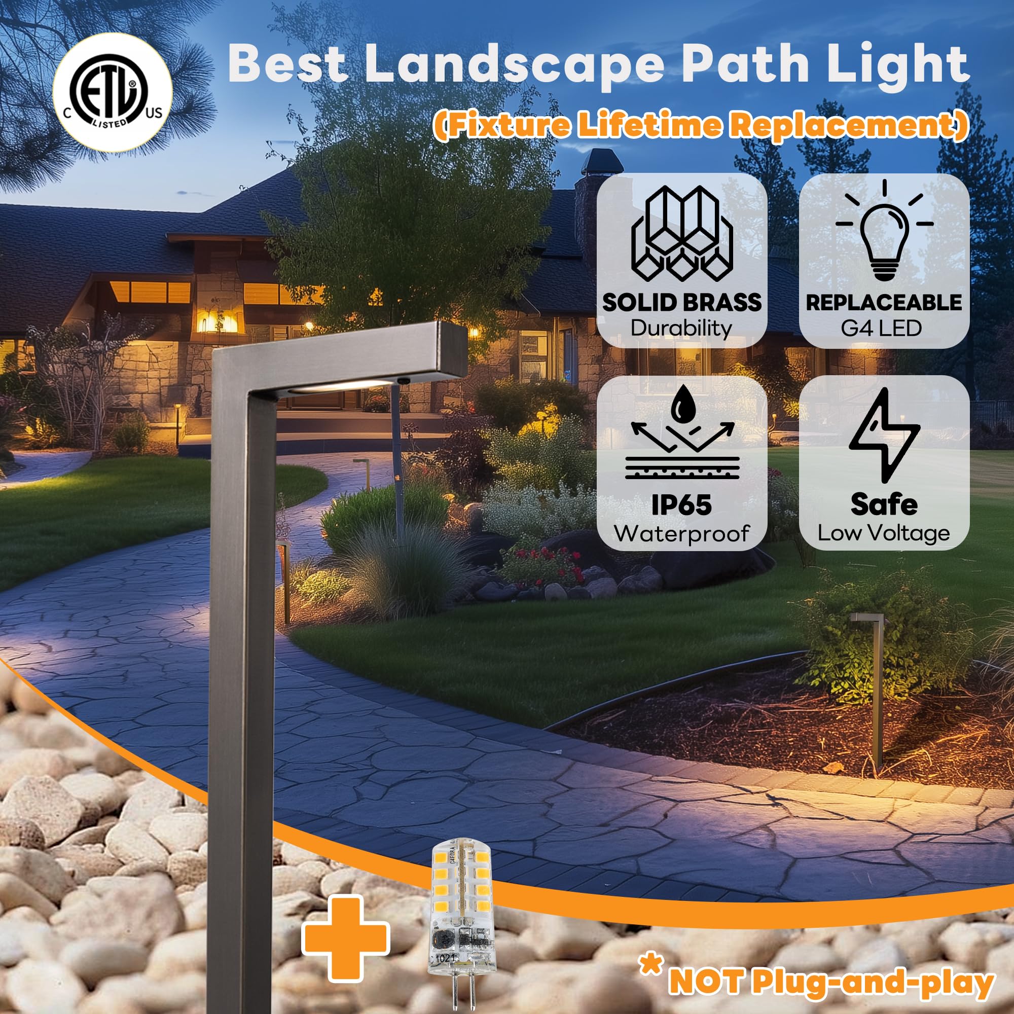 Gardenreet Outdoor Pathway Lights Brass, LED Landscape Path Lights, Low Voltage Driveway Lights Waterproof, L Shape 12V Wired Bronze for Walkway Sidewalk with 3W 270LM 2700K G4 Bulb 6 Pack