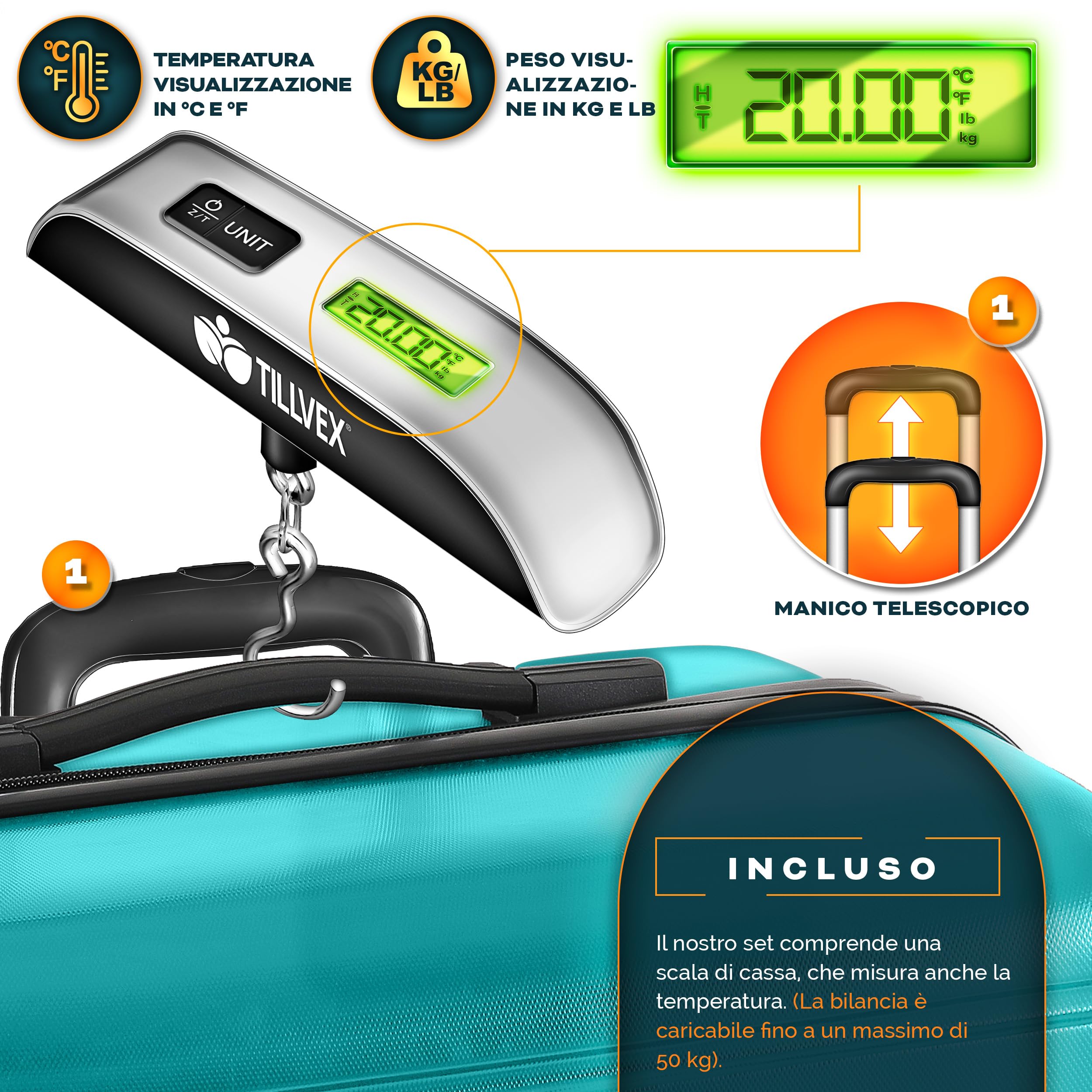 tillvex® Set di 4 valigie da viaggio con bilancia per bagagli, cinghie per valigie e etichette per valigie, set rigido da 4 ruote, trolley con serratura TSA, valigetta rigida S-M-L-XL