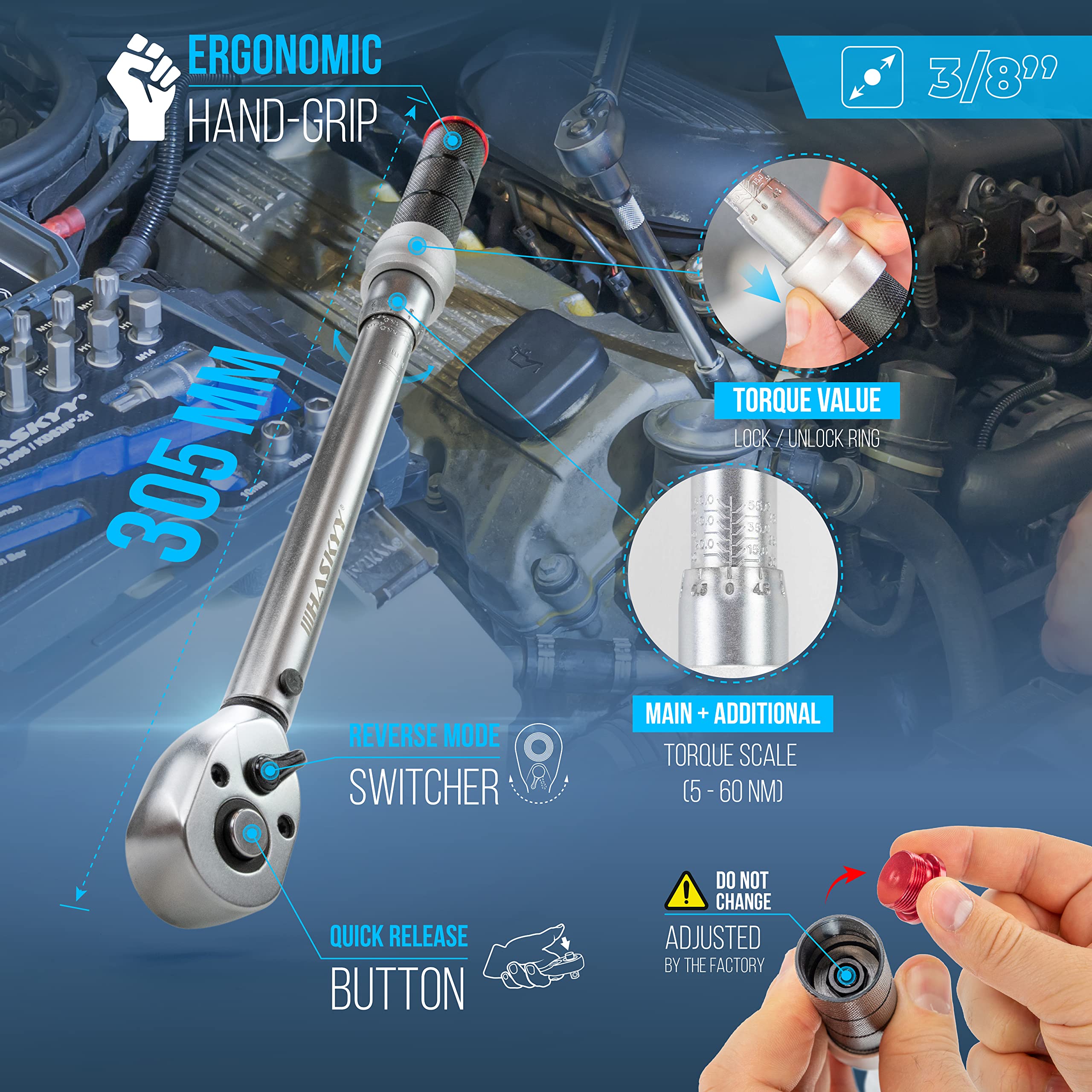 HASKYY Drehmomentschlüssel Set 3/8" 5-60Nm Motorrad Chopper Custom-Bike mit viel Zubehör wie Verlängerungsstange, Bits, Nuss-Einsätze, Adapter