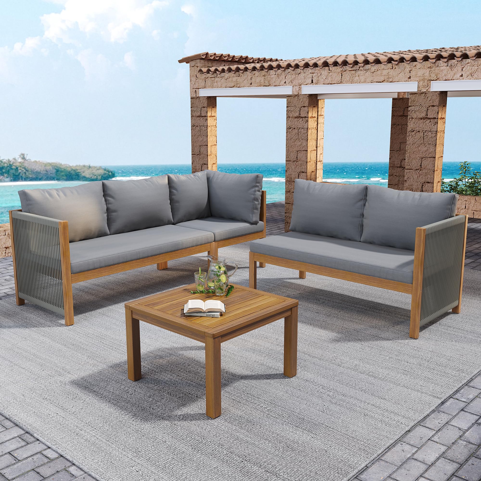 Juego de muebles de jardín para 4-5 personas, exterior jardín terraza con sofá esquinero y mesa de café, 4 piezas, madera de acacia, cuerda trenzada, resistente a la intemperie (gris)