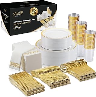 Gold Plastic Plates for Party - Gold Plastic Silverware - 350 PC Wedding Dinnerware Set for 50 Guests, 100 Gold Plastic Party Plates, 50 Cups, 50 Gold Cutlery Sets & 50 Napkins - by SparkSettings