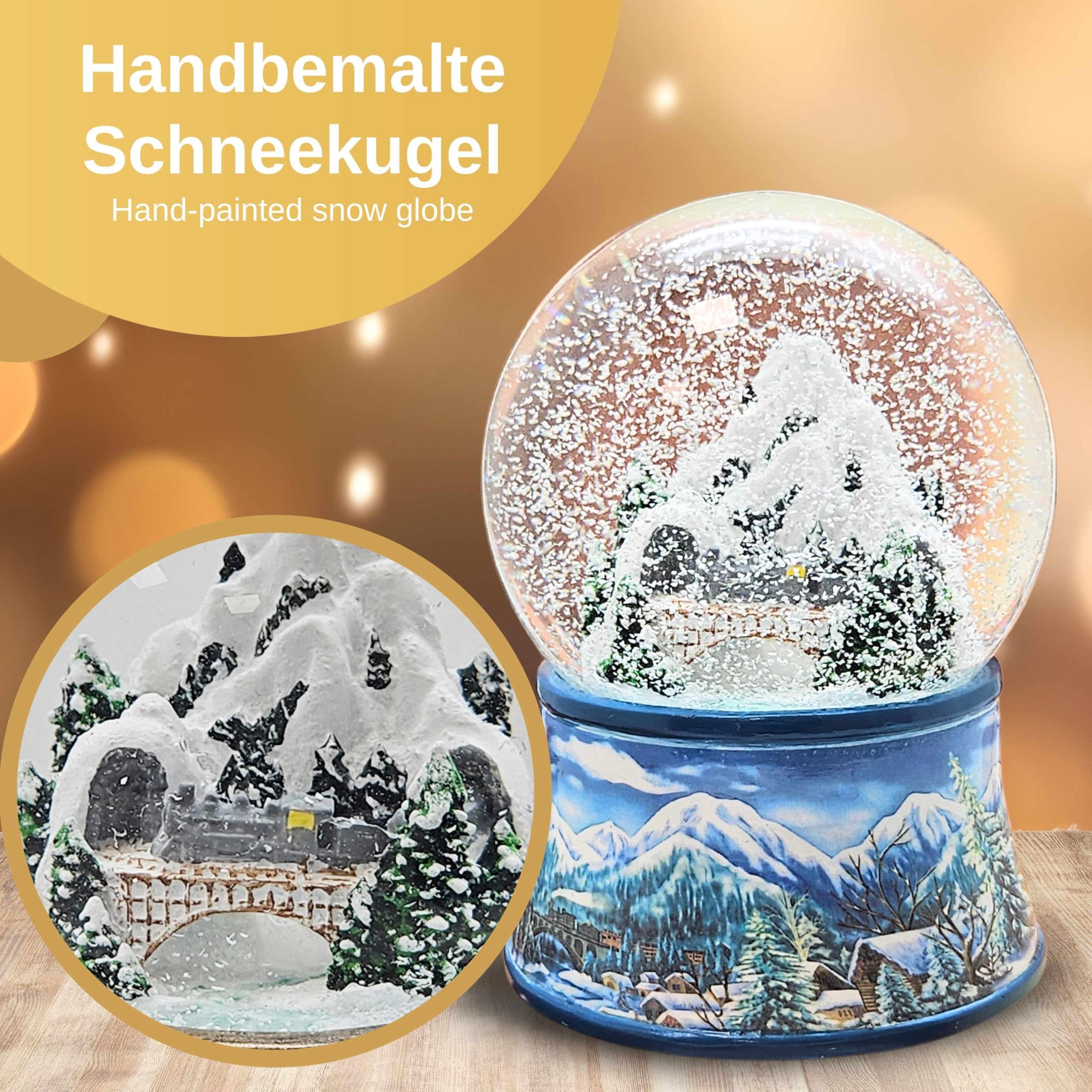 Weihnachts-Schneekugel mit Musik | Schneekugel Nostalgische Berglandschaft mit Brücke | Sockel Winterlandschaft hellblau | 100mm breit, 140mm hoch | mechanische Spieluhr | Winterdekoration | 20256