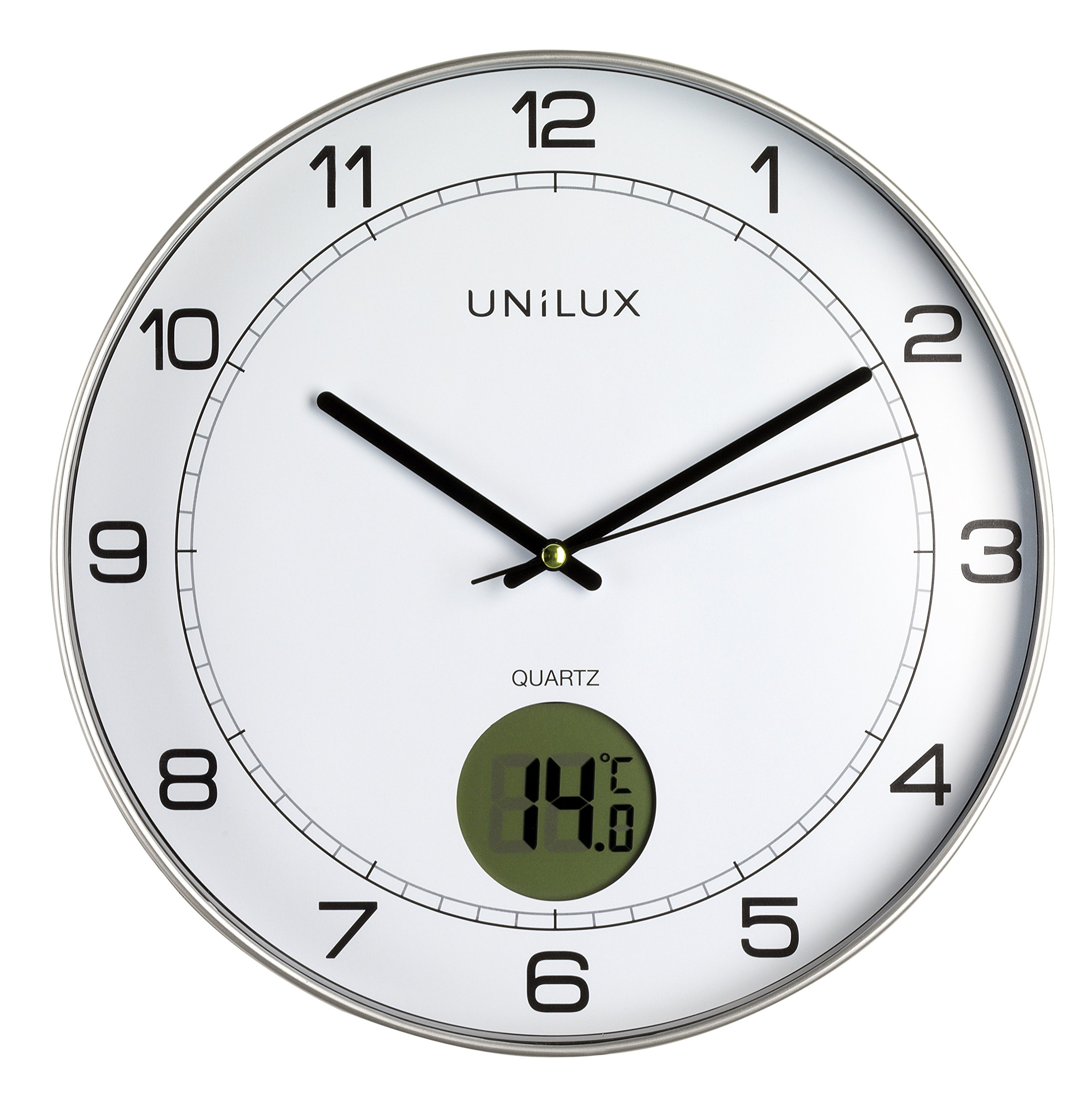 Unilux Wanduhr Tempus, 30cm, ohne Ticken, mit Digitalanzeige für Temperatur