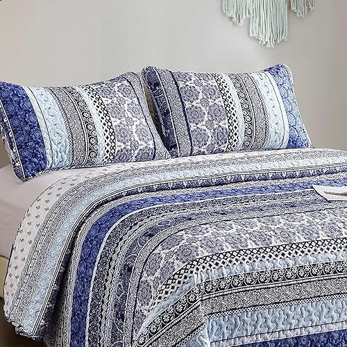 Miniatura 4 de WONGS BEDDING Juego de edredón bohemio tamaño individual, juego de edredón de 2 piezas bohemio, color azul, juego de ropa de cama ligero para todas