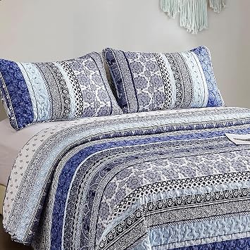 WONGS BEDDING Boho Quilt Set Full, 3 Pcs Blue Striped Bedspread