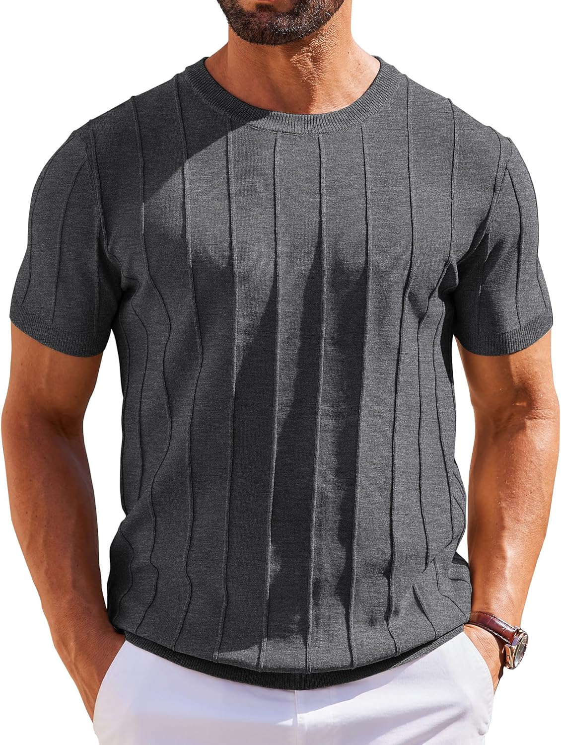 COOFANDY Men's T- Shirts Short Sleeve Knit Sweater Shirt Casual Crewneck Ribbed Pullover Tees