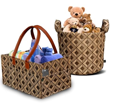 GREEN DECOR - Non Woven Fabric 2 IN 1 Designer Diaper Caddy & Toy Bin With Handles Combo for Smart Mothers Newborn Baby 