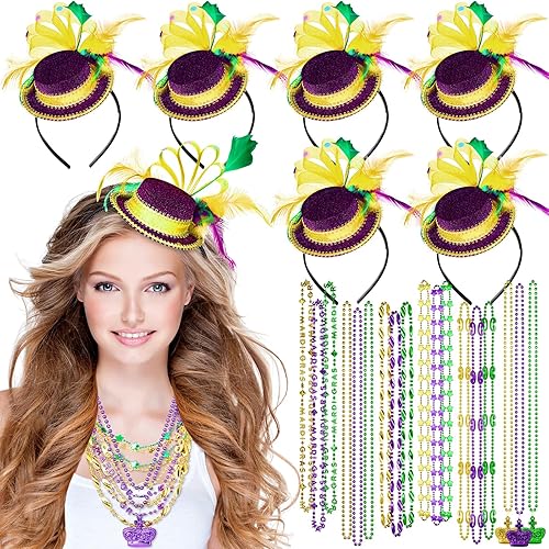 Zeyune Diadema de plumas de Mardi Gras con cuentas de Mardi Gras, collares, lentejuelas, plumas sintéticas con purpurina para fiesta de carnaval