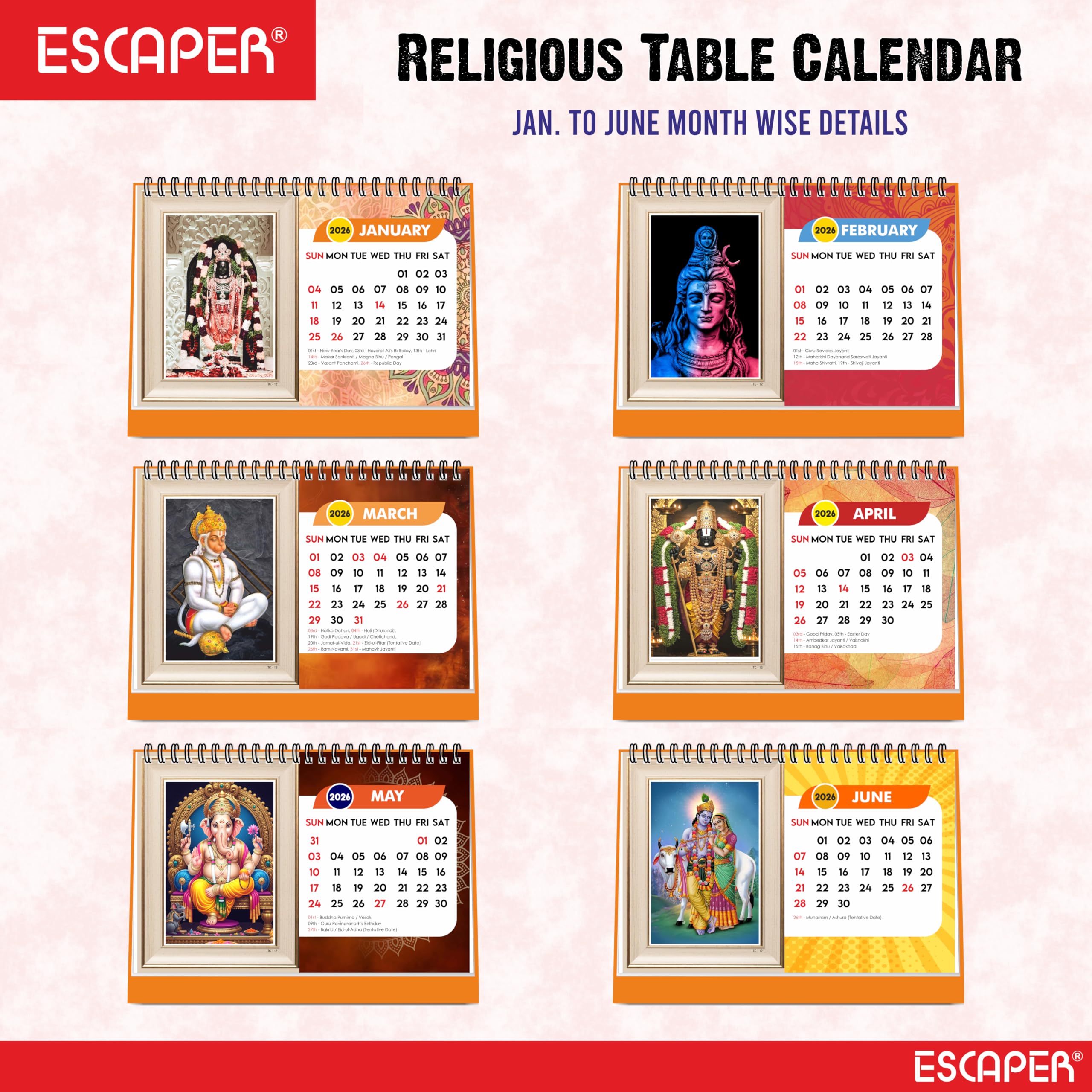 ESCAPER Tischkalender 2026 Hindu-Götter (A5) - Lord Ram, Lord Hanuman, Laddu Gopal & Lord Ganesha Tischkalender, spiritueller & religiöser Tischkalender für Zuhause & Büro
