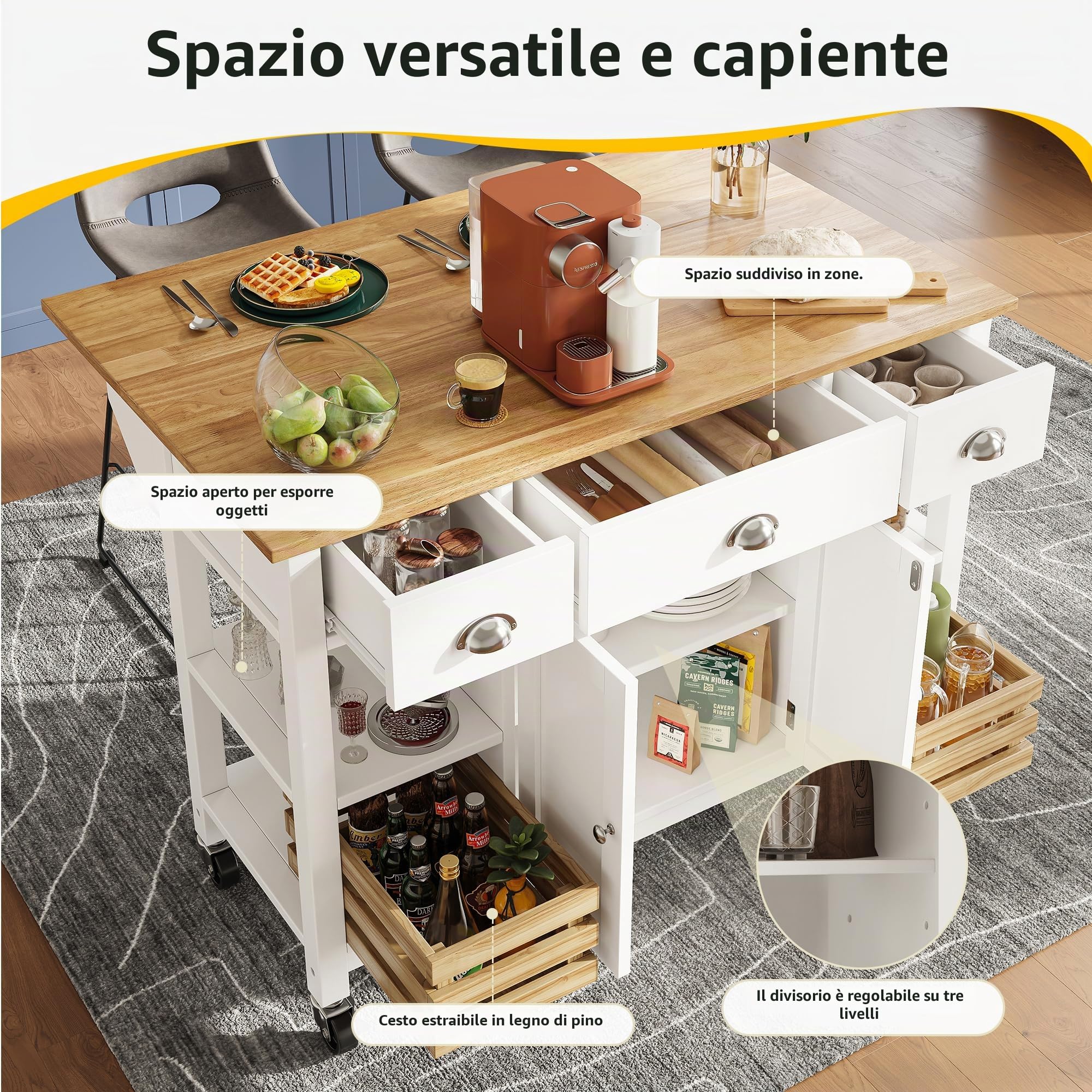 Isola da cucina moderna,120x73x90 cm,tavolo da pranzo multifunzionale con cestino in legno di pino,armadio,carrello per sala da pranzo,madia,credenza cucina,Bianco