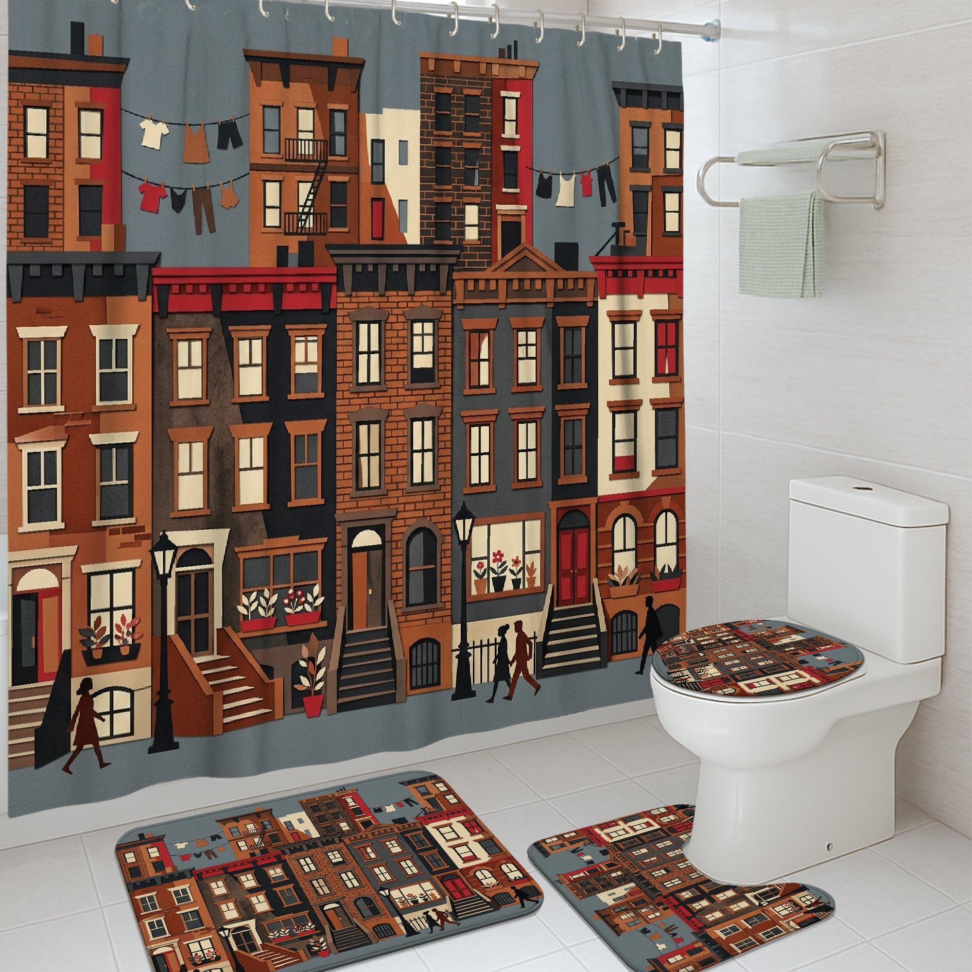 Rideau de douche marron 183x183 cm avec tapis assortis pour salle de bain